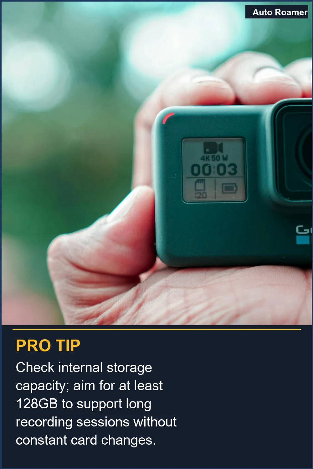 Check internal storage capacity; aim for at least 128GB to support long recording sessions without constant card changes.