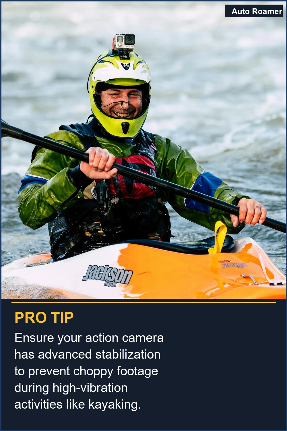 Ensure your action camera has advanced stabilization to prevent choppy footage during high-vibration activities like kayaking.