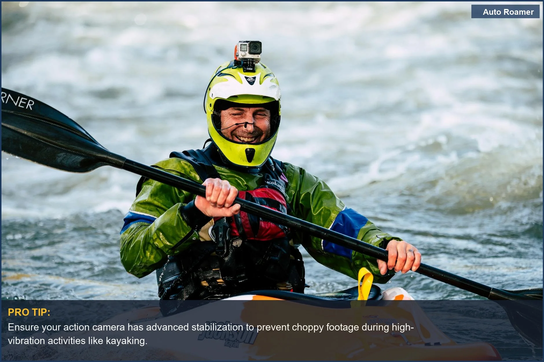 Kayaker filming whitewater rapids with an action camera, showcasing the best action camera for travel.