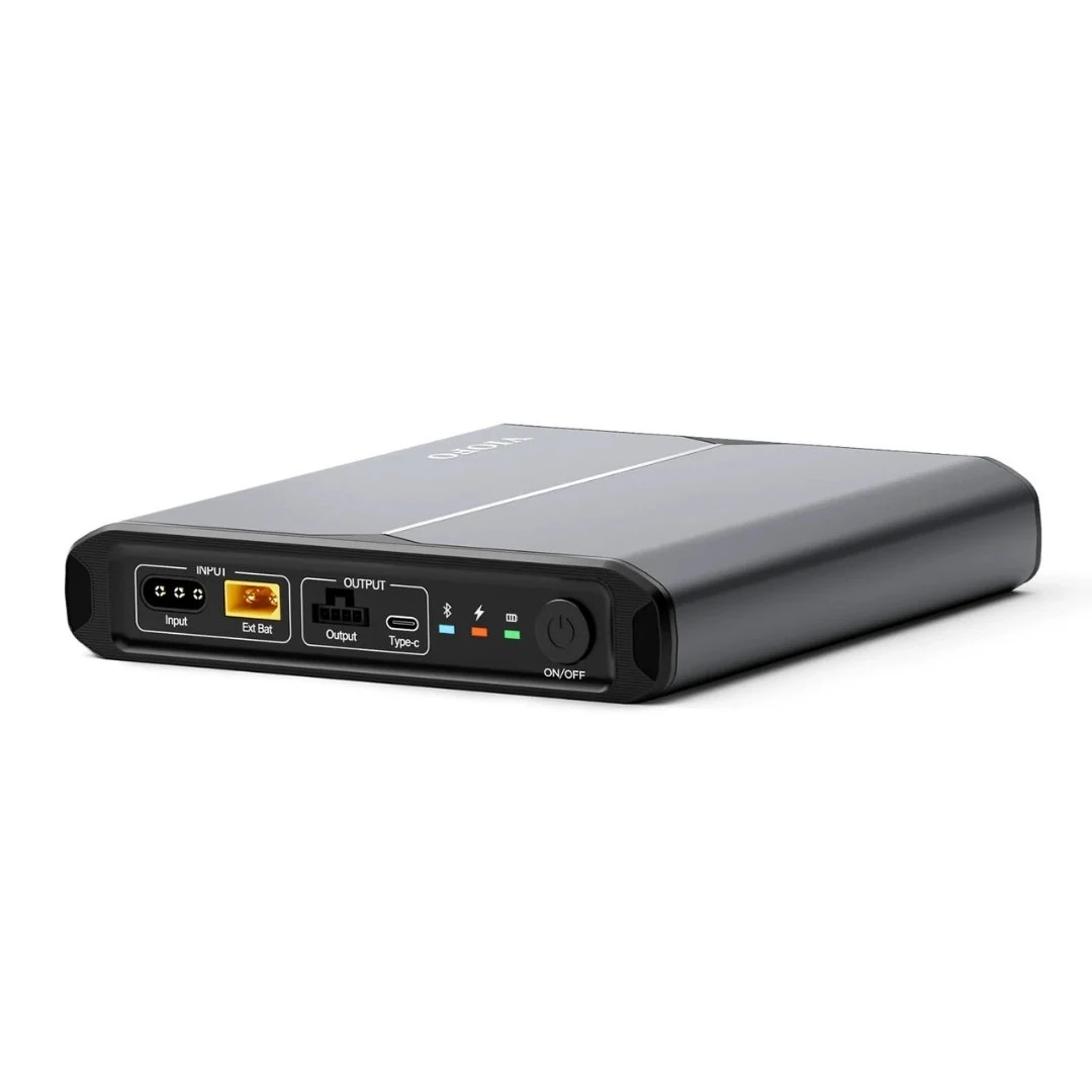 Slim lithium dash cam battery pack with 12V in and out ports