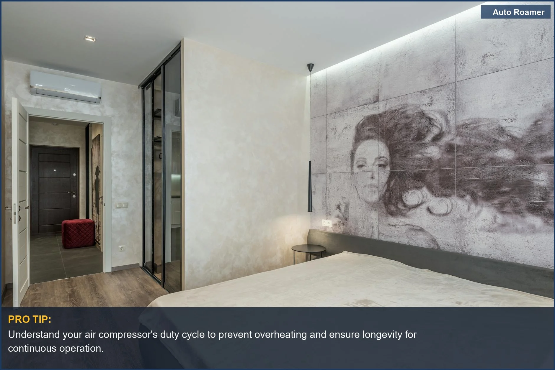 Modern bedroom with comfortable bed, showcasing a stylish interior that relates to air compressor duty cycle concepts.