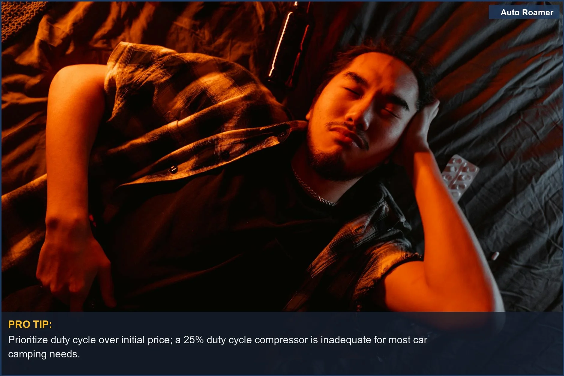 Man relaxing in a bed with warm orange lighting, representing a relaxed state achieved after a task.