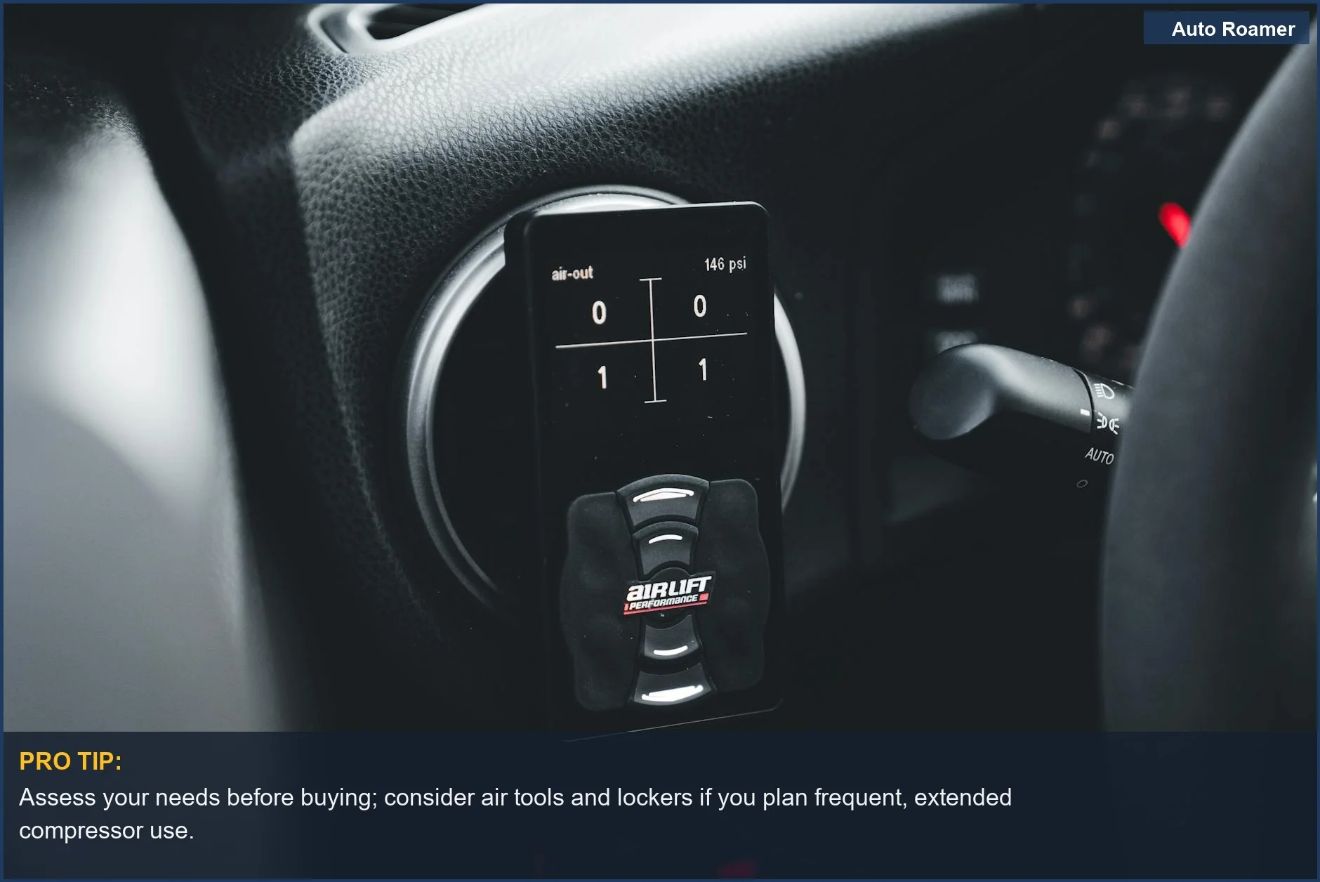 AirLift Performance gauge inside a car, demonstrating precise air pressure control for overlanding needs.