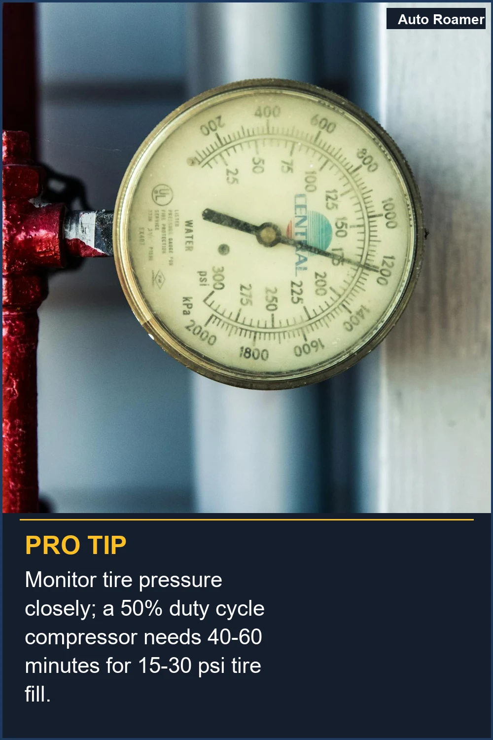 Monitor tire pressure closely; a 50% duty cycle compressor needs 40-60 minutes for 15-30 psi tire fill.