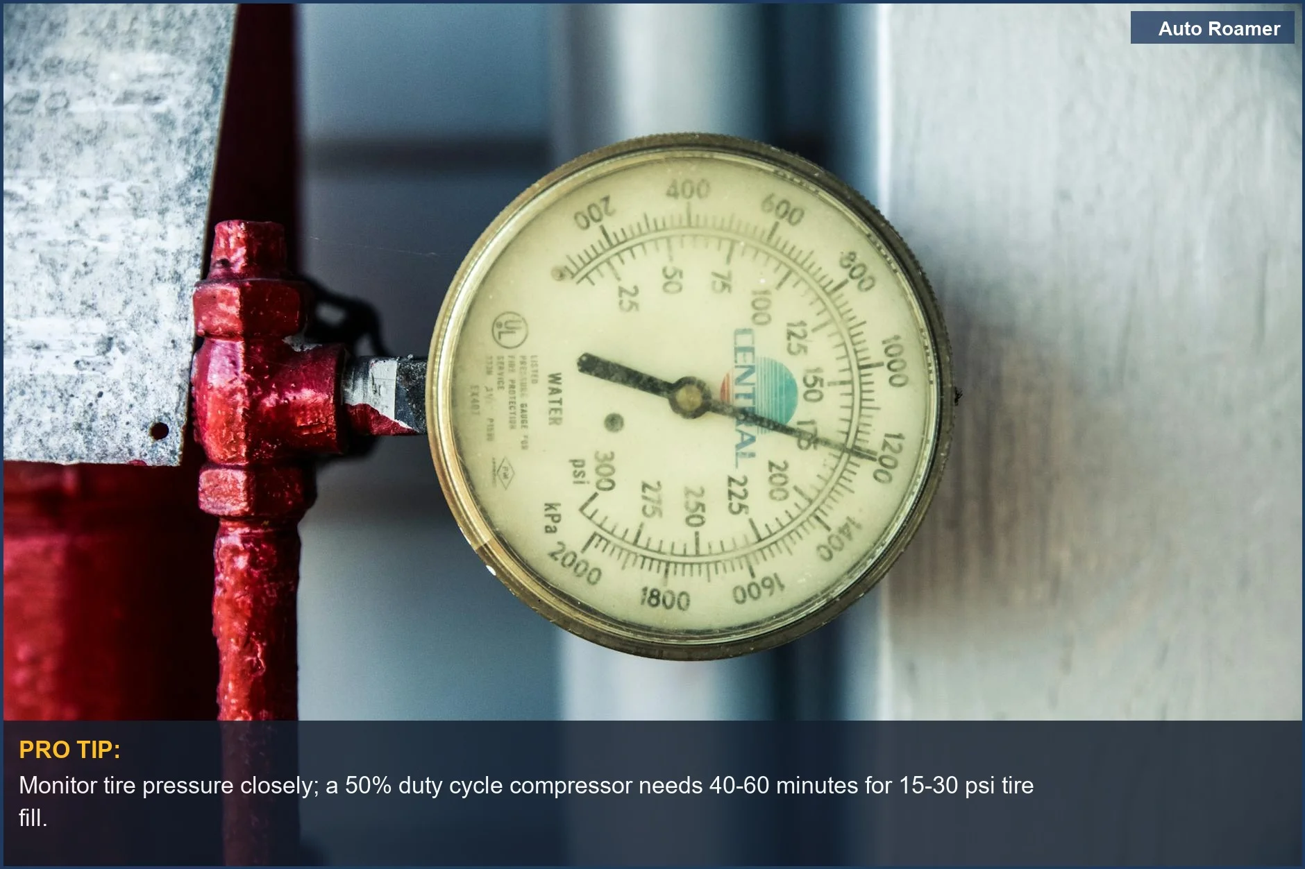 Close-up of a precise pressure gauge measuring PSI and kPa, vital for continuous operation of overlanding gear.