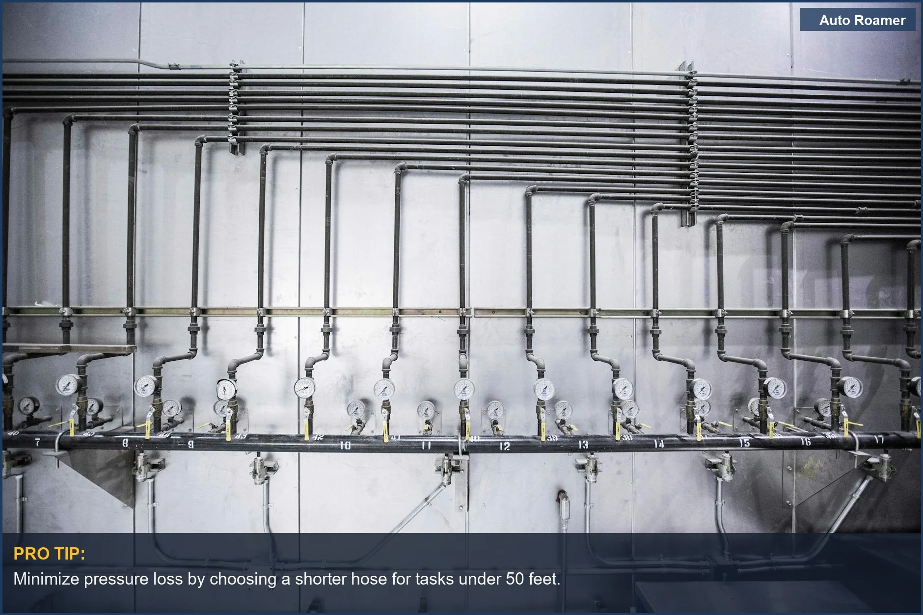 Industrial plumbing with pressure gauges and steel pipes, illustrating air compressor hose pressure loss.