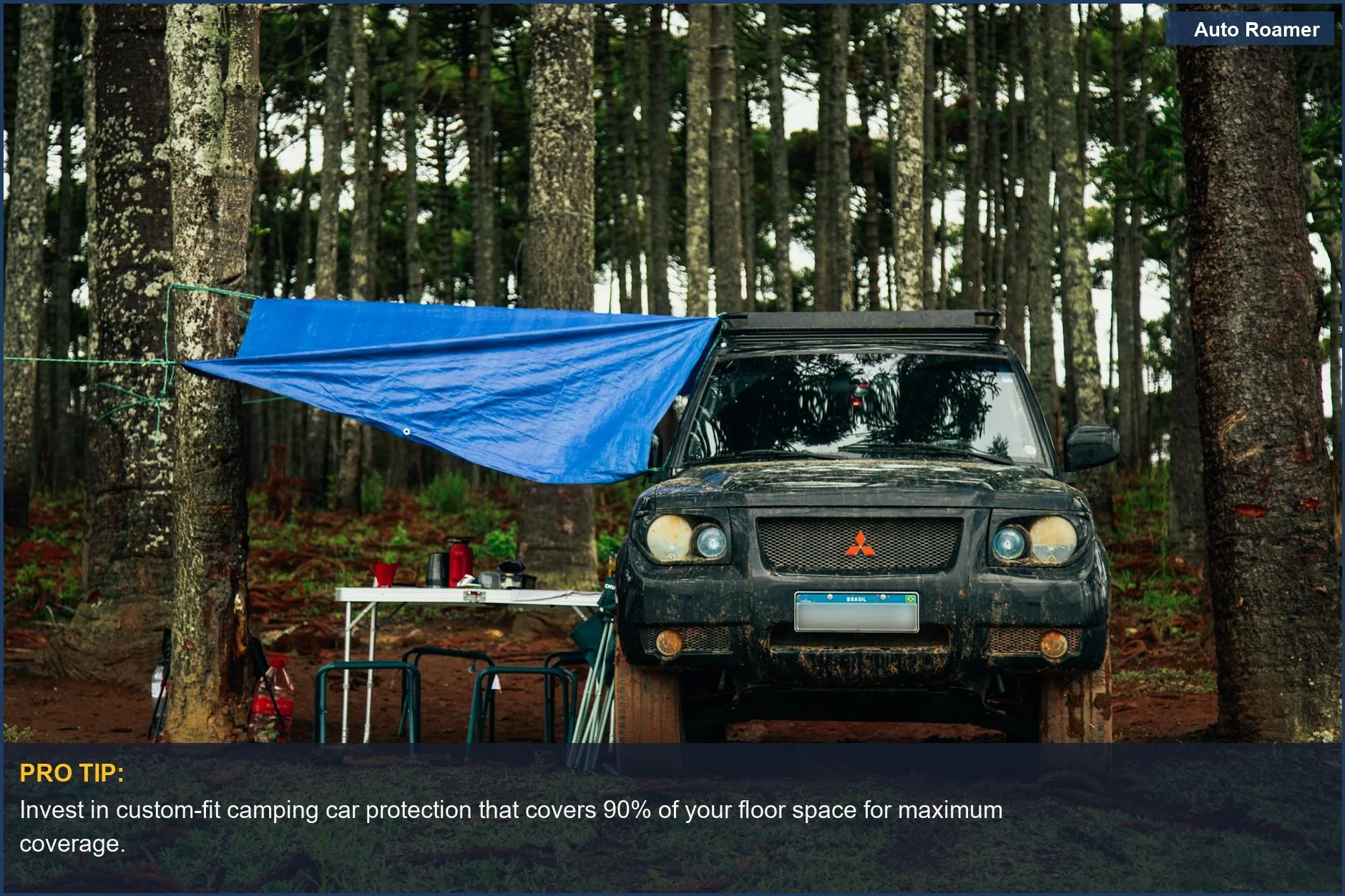 Rugged off-road vehicle at a forest camp, demonstrating camping car protection.