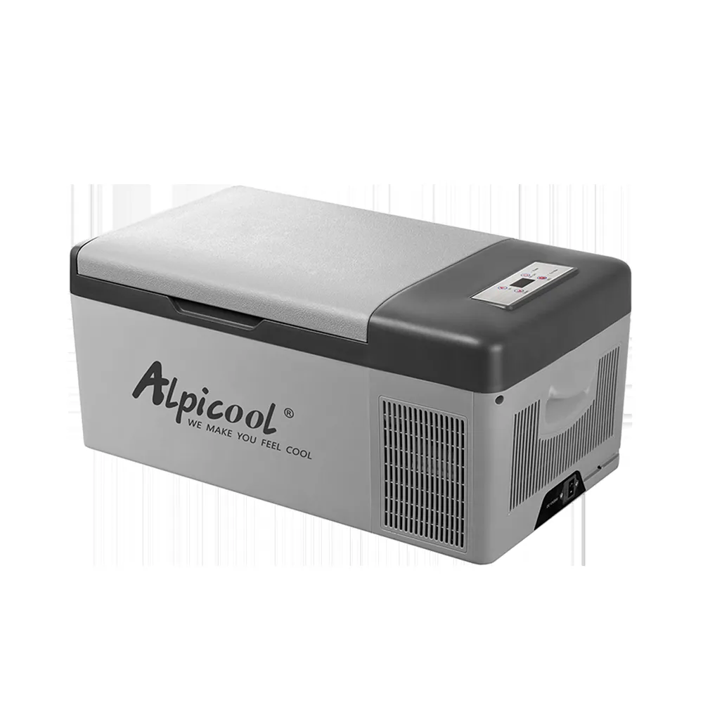 Grey Alpicool C15 portable 12V compressor car fridge with digital control panel and side vent, a compact camping refrigerator