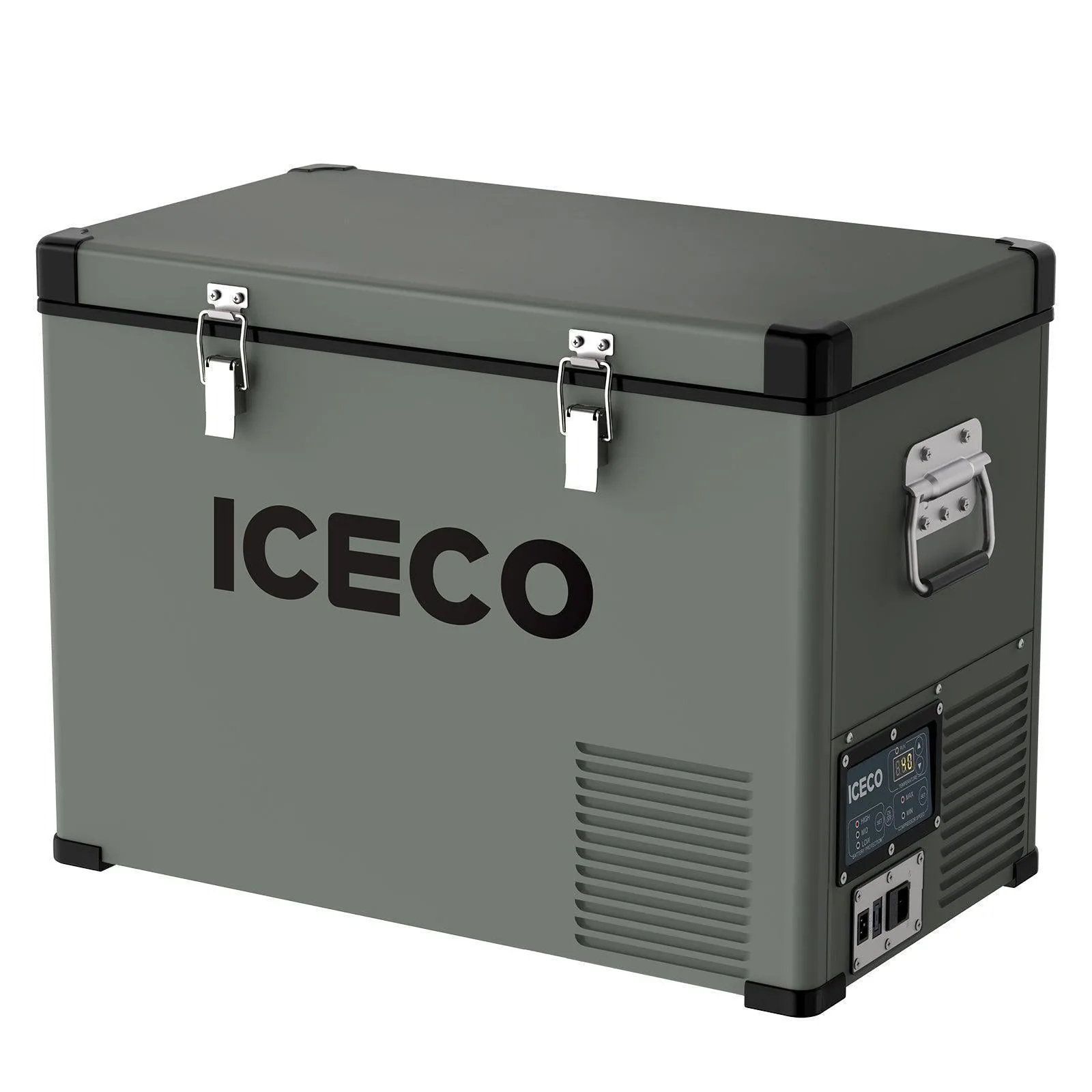 Olive-green ICECO VL45 metal-body 12V portable fridge freezer with steel latches, side handle and digital control panel