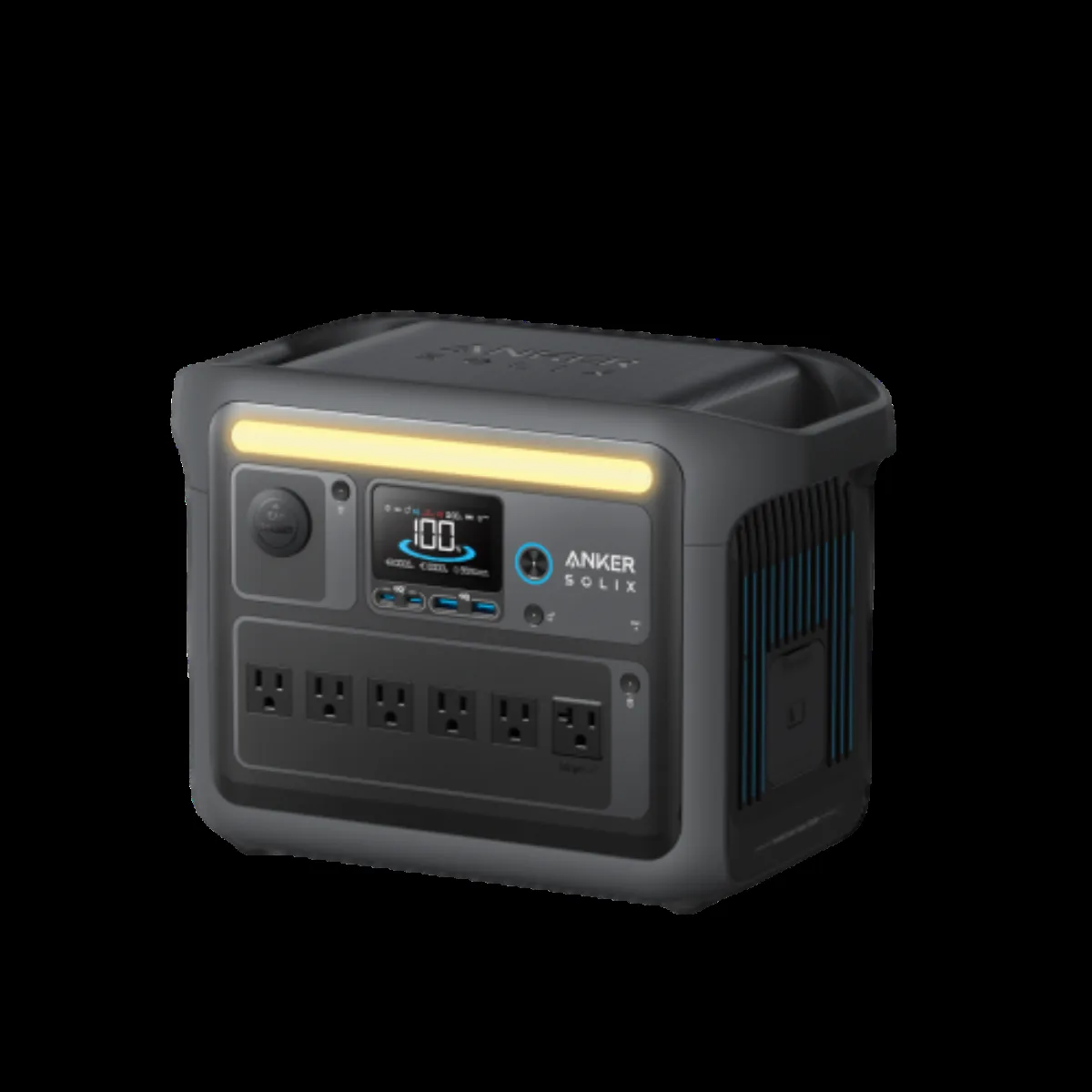 Anker SOLIX C1000 portable power station with a round status display, six AC outlets, USB ports and an amber LED light bar
