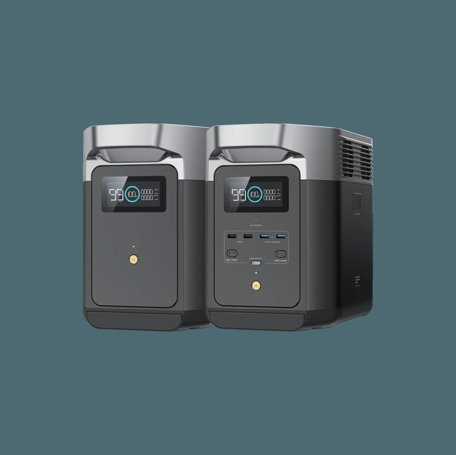 EcoFlow DELTA 2 portable power station in front with its LCD screen and USB-A and USB-C ports, shown alongside a matching add-on battery