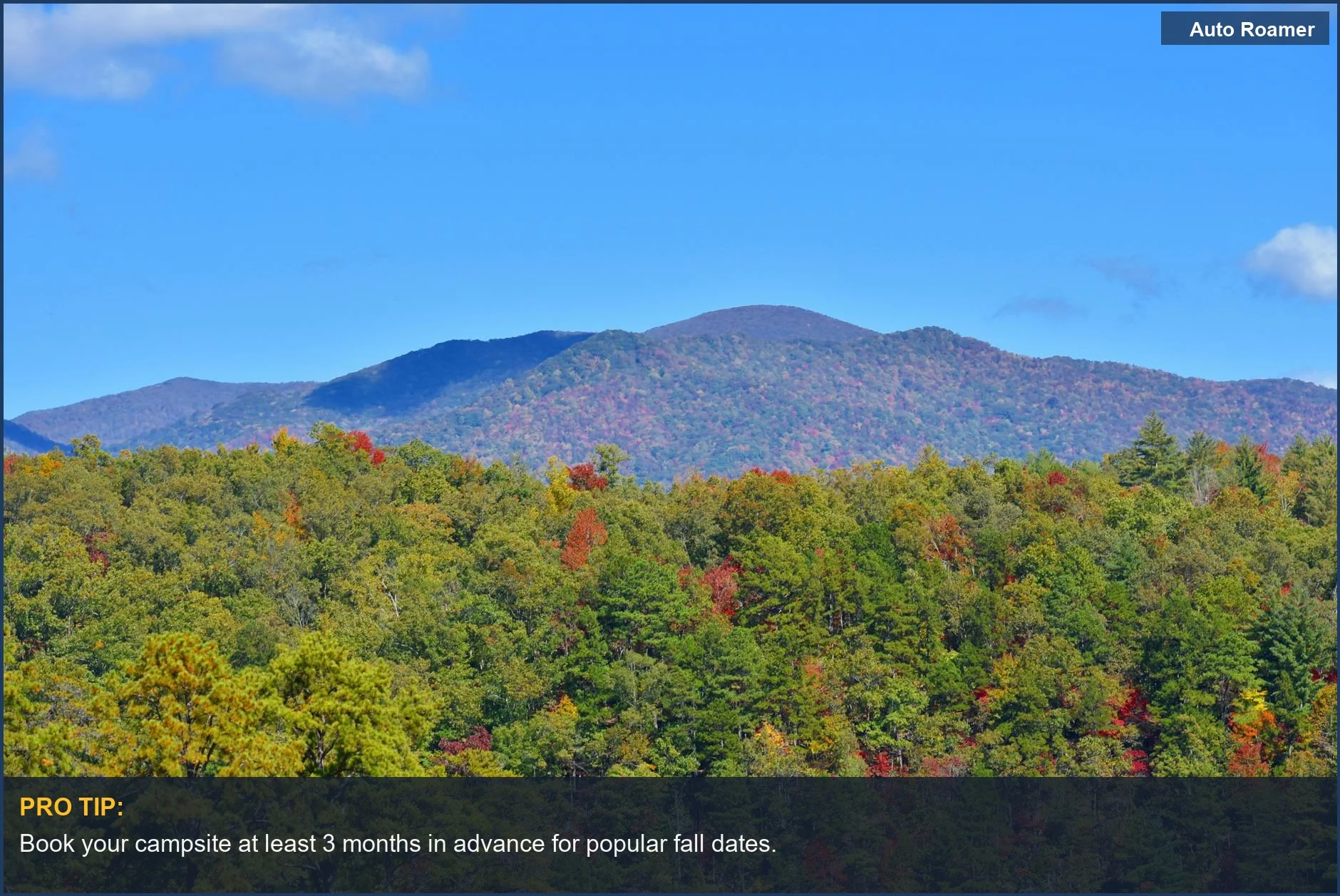 Colorful autumn trees and rolling hills set the stage for a 3-day Appalachian Mountains fall car camping trip.