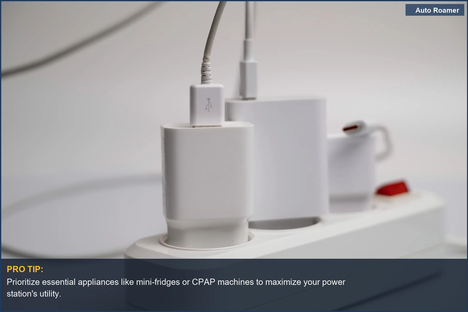 Indoor power strip with multiple electronic device chargers connected, illustrating power station appliance compatibility.