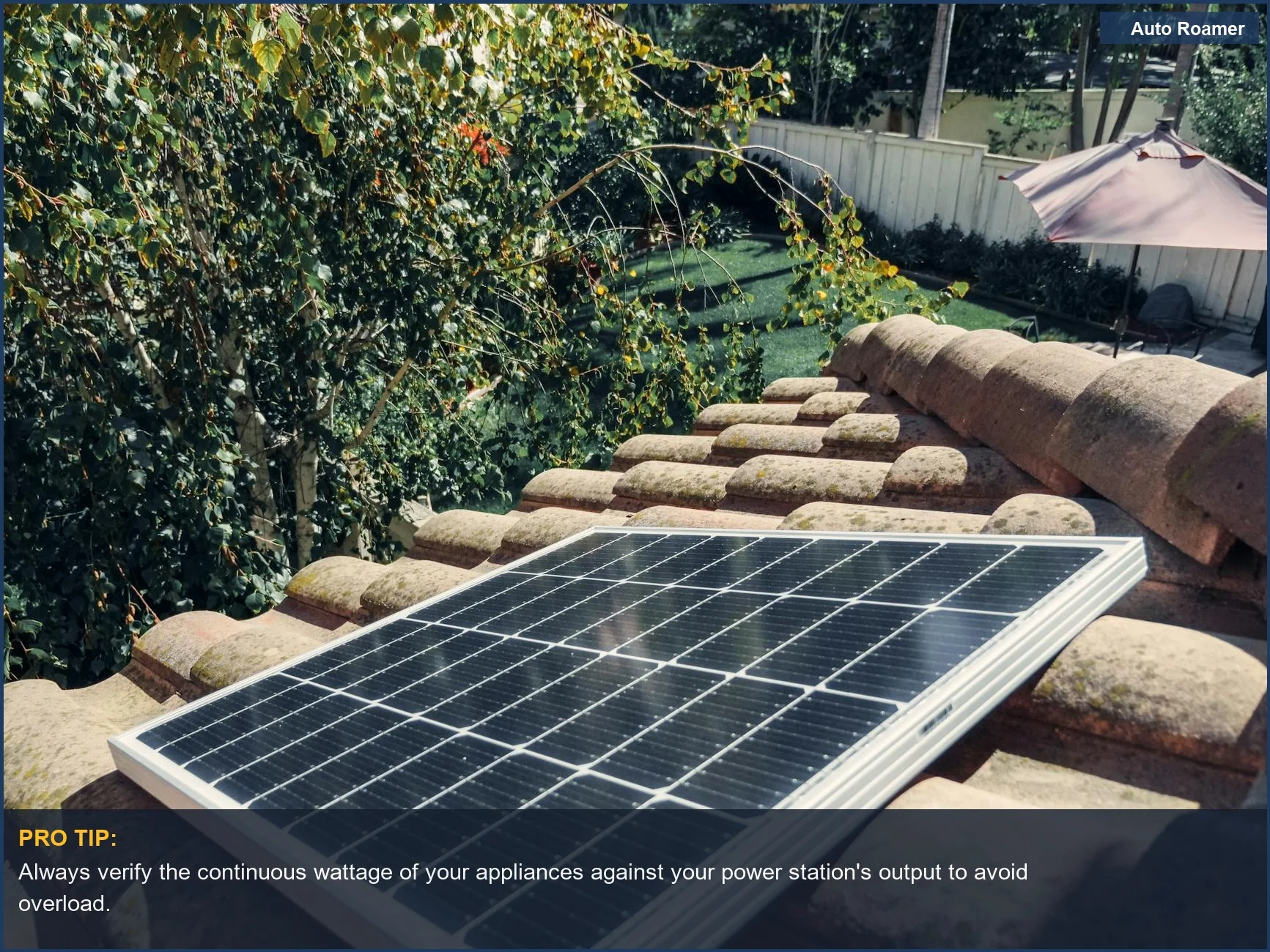Close-up of solar panels on a tiled roof, highlighting clean energy and portable power station wattage limits.