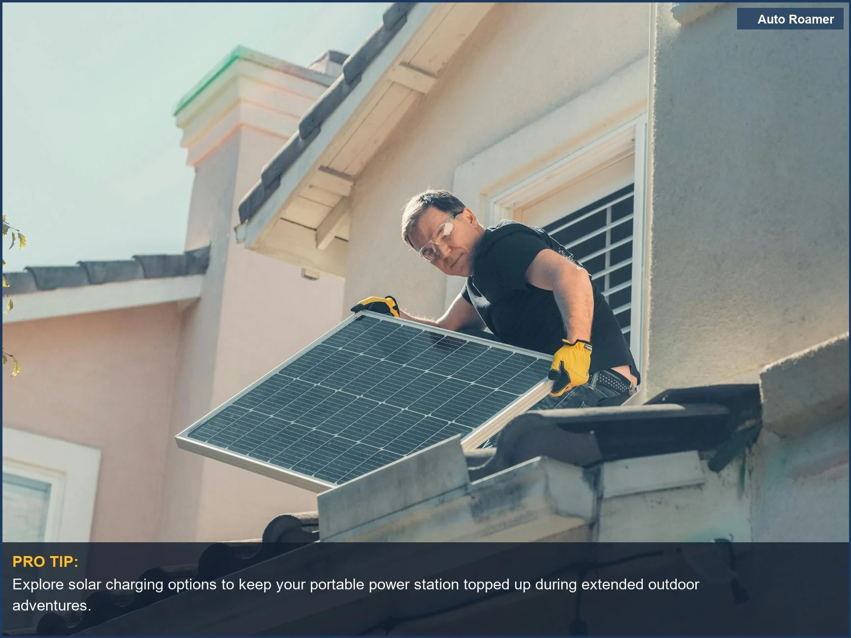 Technician installing solar panels on a house roof, showcasing sustainable energy for camping electronics.