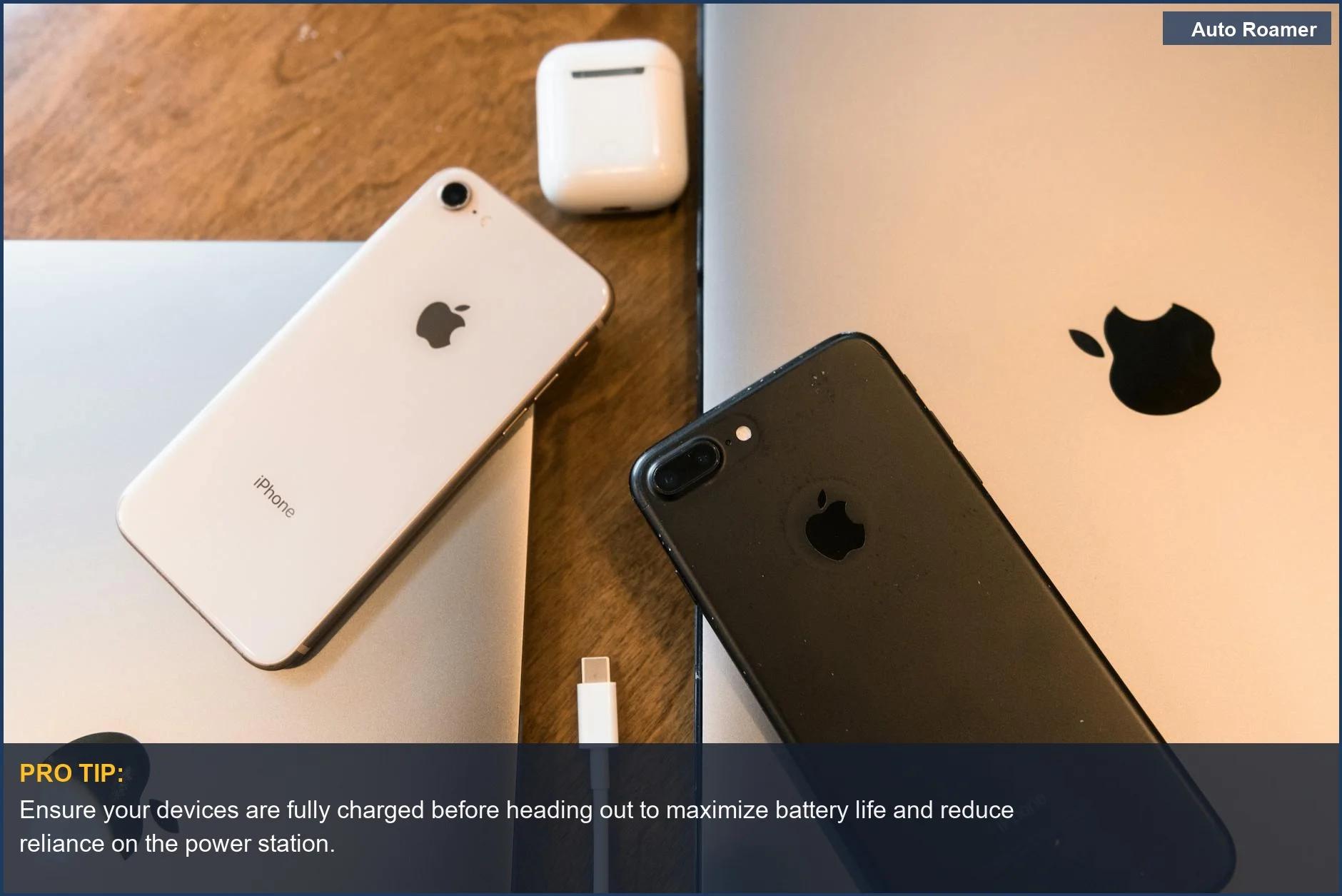 Several Apple electronics, including iPhones and MacBooks, showcase car camping electronics you can power with a portable station.