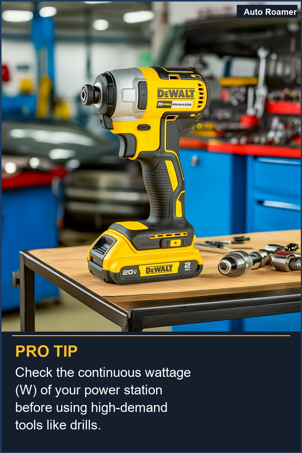 Check the continuous wattage (W) of your power station before using high-demand tools like drills.