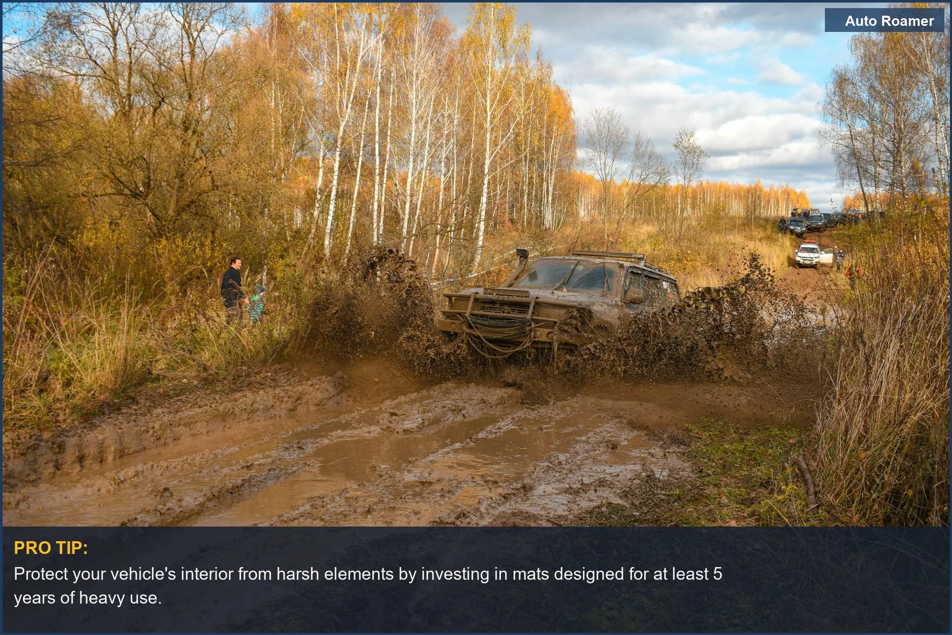Off-road 4x4 vehicle navigating a muddy forest path, demonstrating the need for durable car mats.