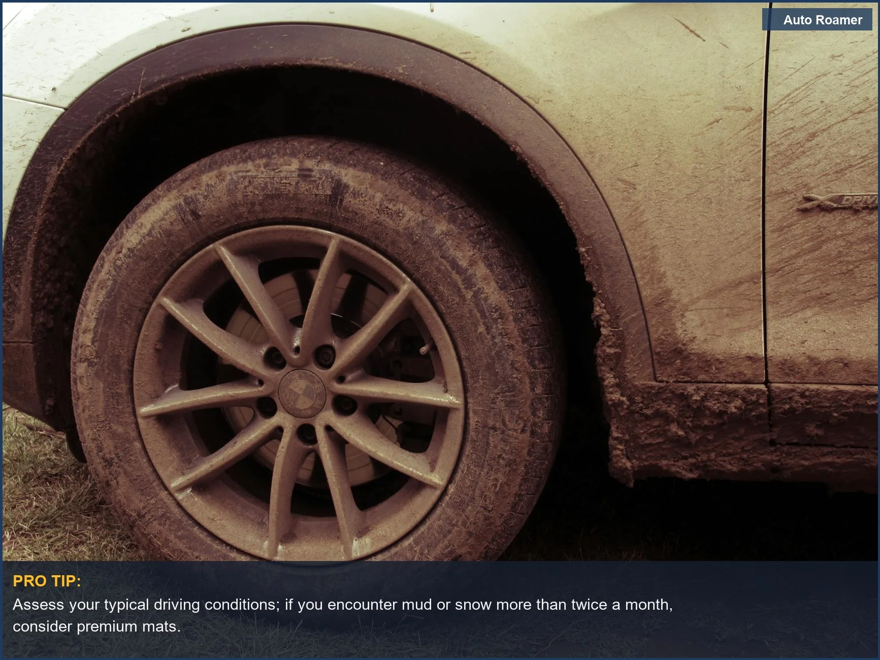 Close-up of a car wheel caked in mud, showcasing the benefits of all-weather mat durability.