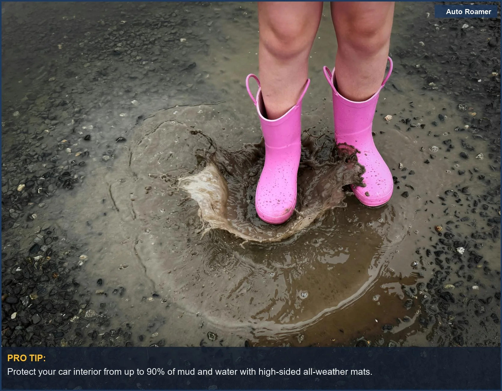 Child in pink boots splashes in muddy puddle, illustrating car mat cost benefit for families.