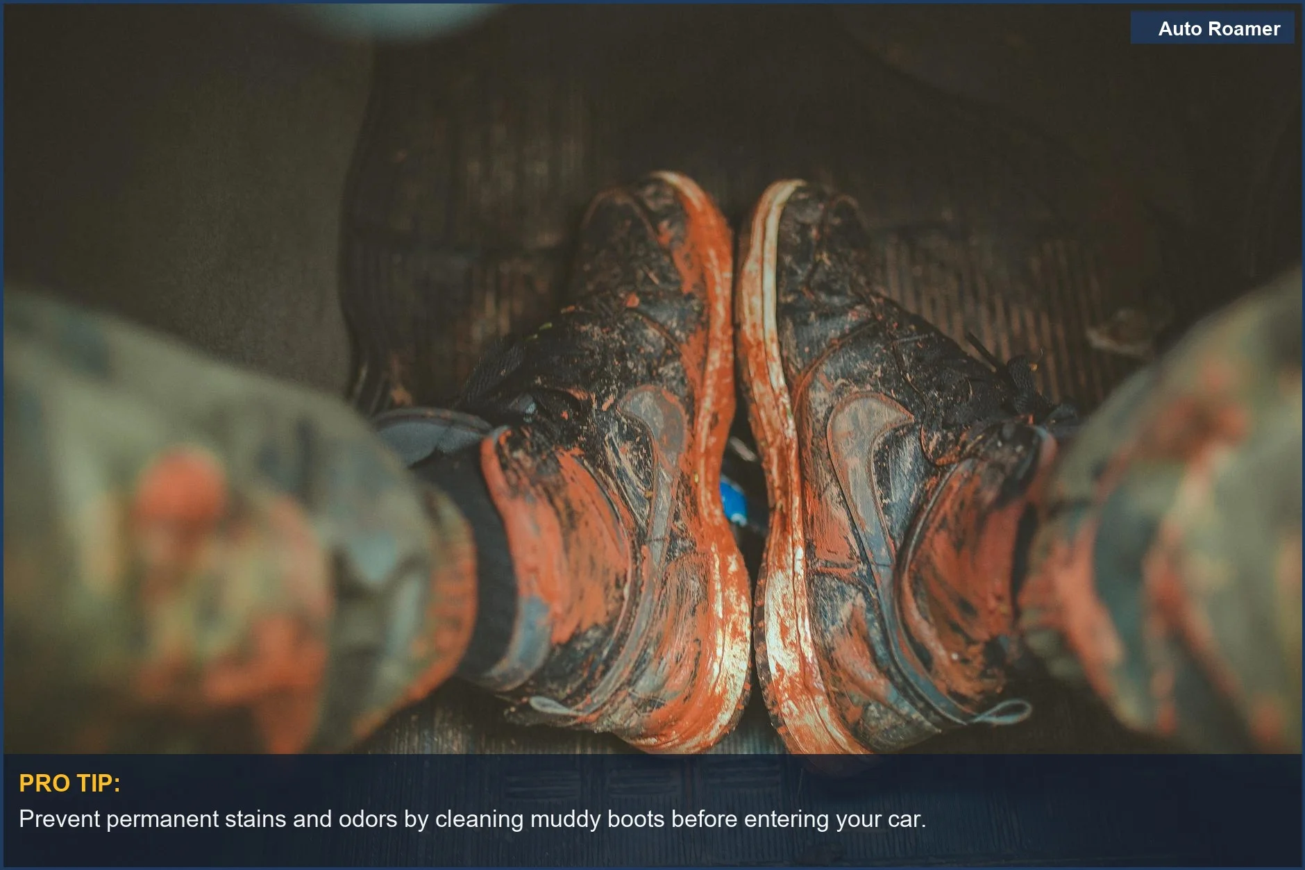 Close-up of muddy hiking boots inside a vehicle, highlighting family car maintenance needs.