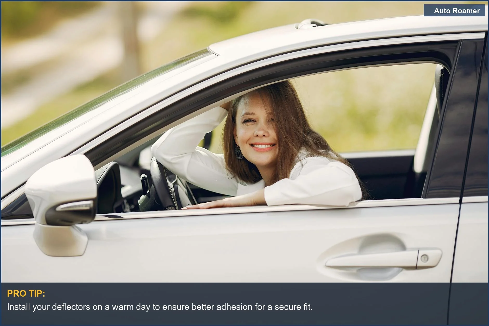 Smiling woman in a modern car appreciating the benefits of window visors on a summer drive.