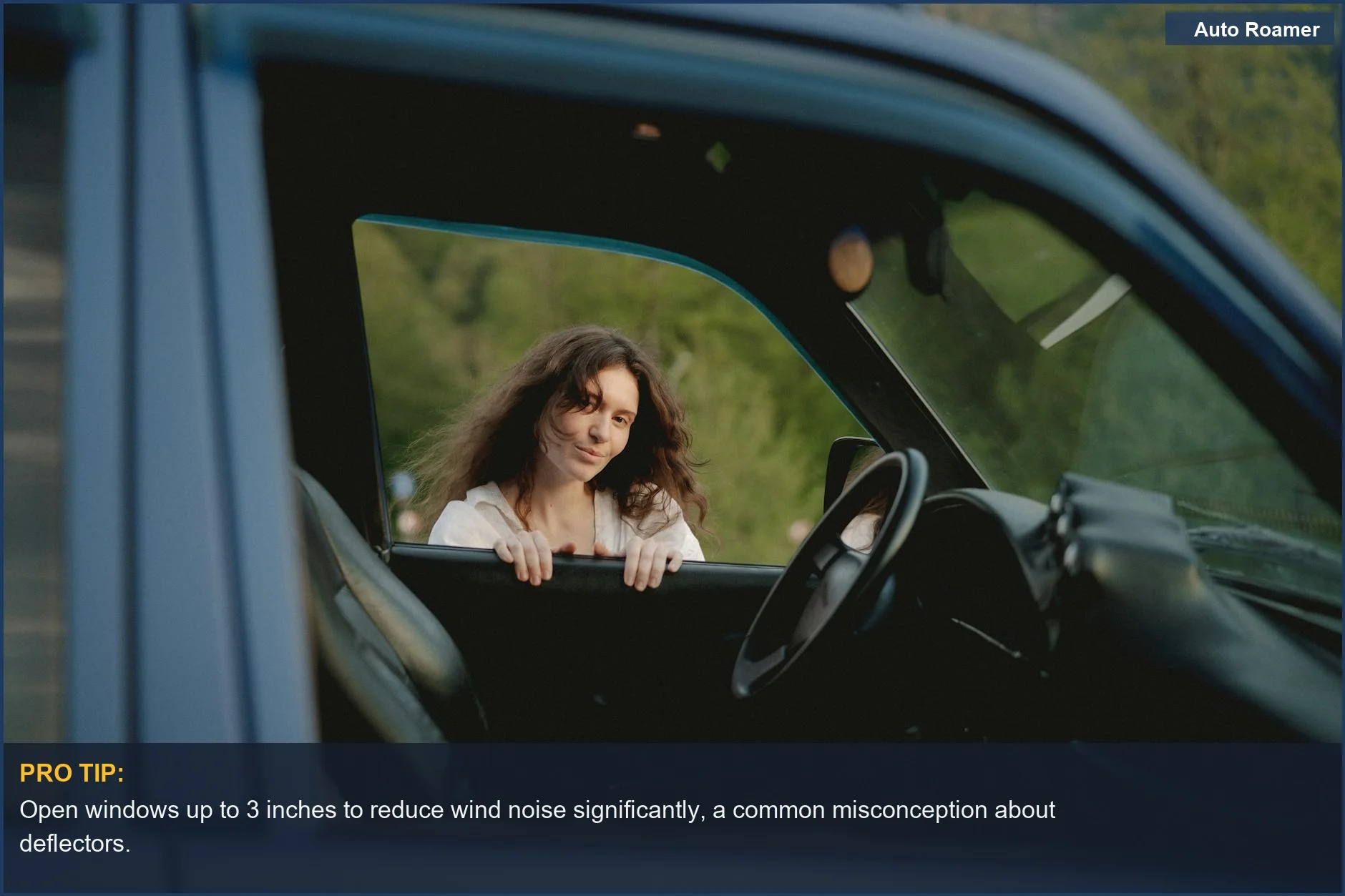 Relaxed woman smiling through her car window, highlighting the comfort and convenience of car window deflectors.