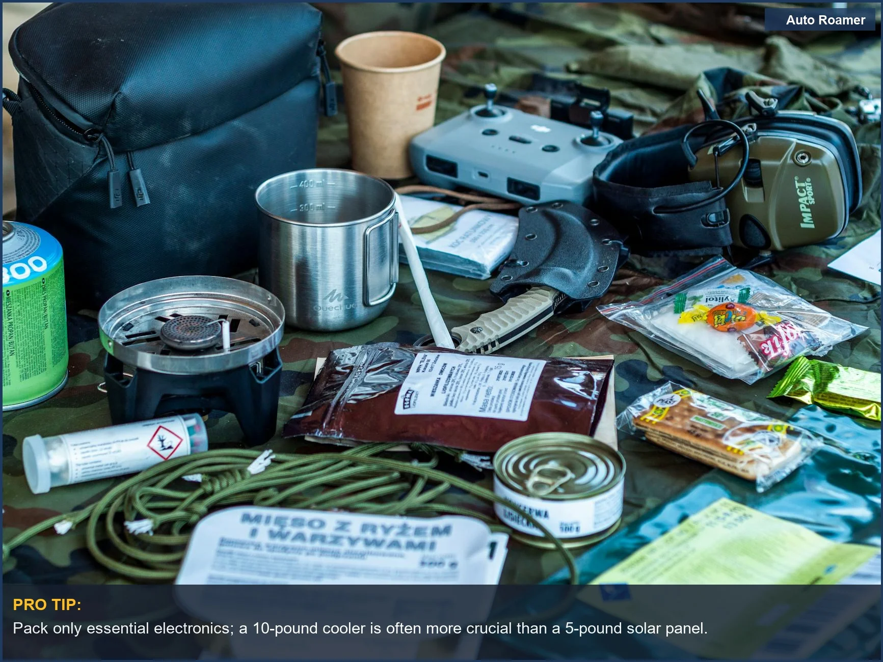 Assorted camping and survival gear, including food and tools, for evaluating camping power cost.