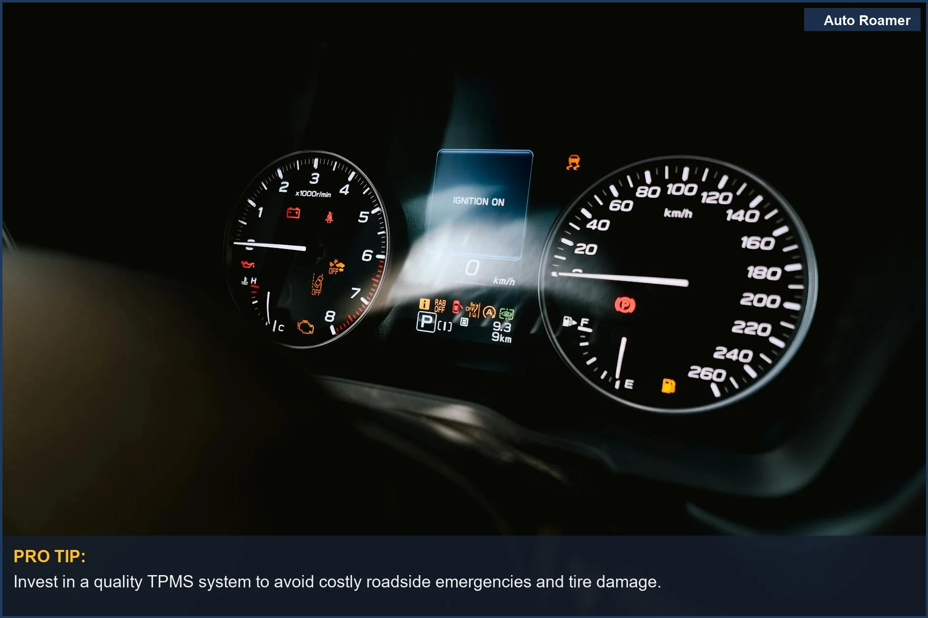 Speedometer and tachometer on a car dashboard, with a visible TPMS warning icon, emphasizing tire safety.