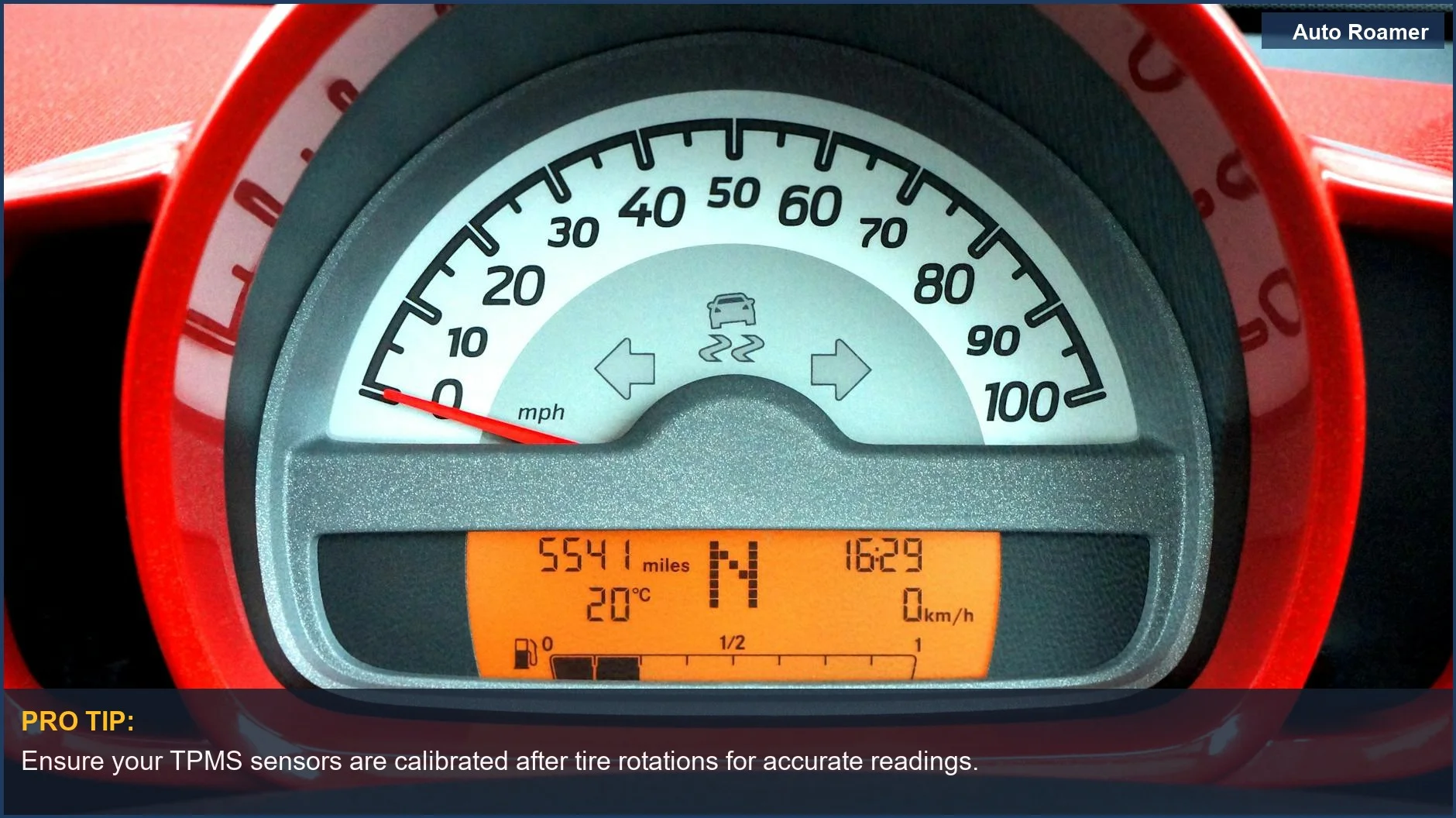 Close-up of a car's digital dashboard displaying tire pressure indicators, underscoring TPMS benefits for drivers.