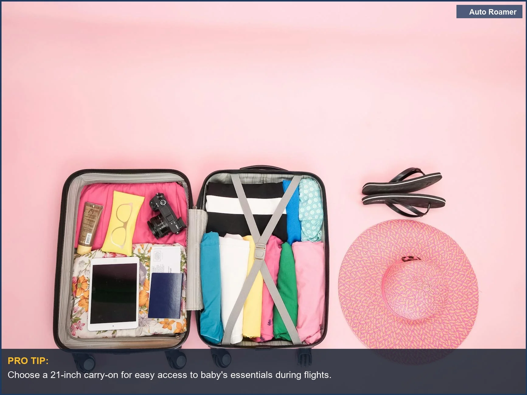 Maleta de mano cuidadosamente empacada para bebé, ideal para viajes cortos y vuelos.