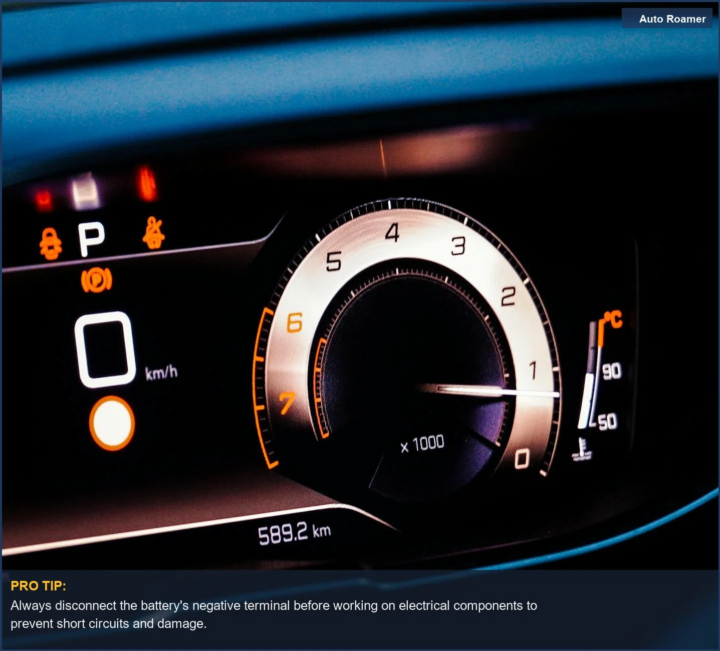 Detailed car dashboard featuring a speedometer and various warning lights, crucial for backup camera black screen troubleshooting.