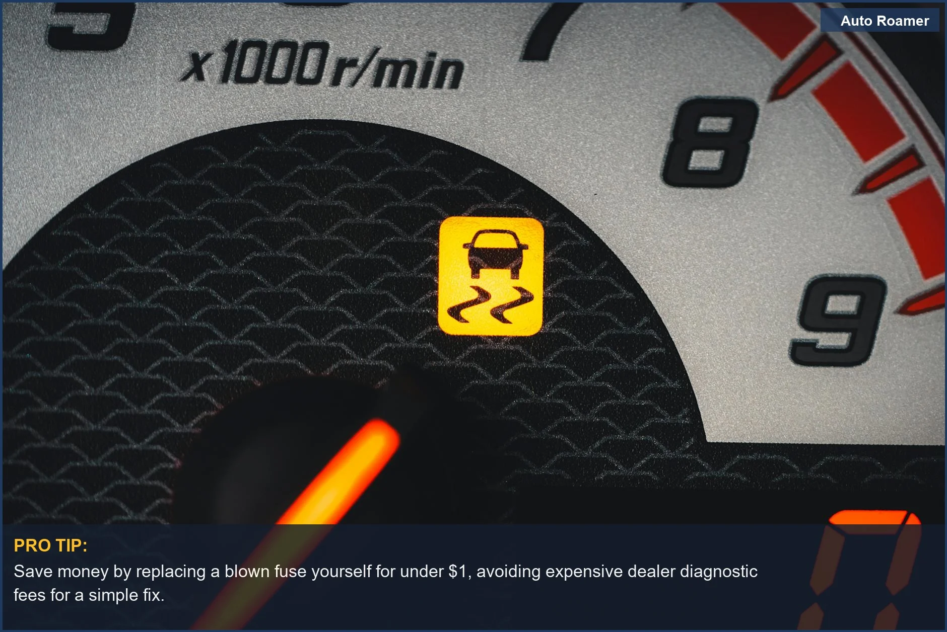Close-up of a car dashboard with a yellow traction control light, relevant to backup camera black screen repairs.
