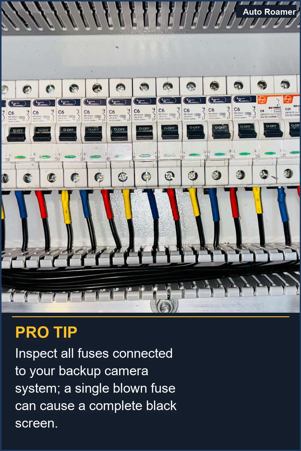 Inspect all fuses connected to your backup camera system; a single blown fuse can cause a complete black screen.