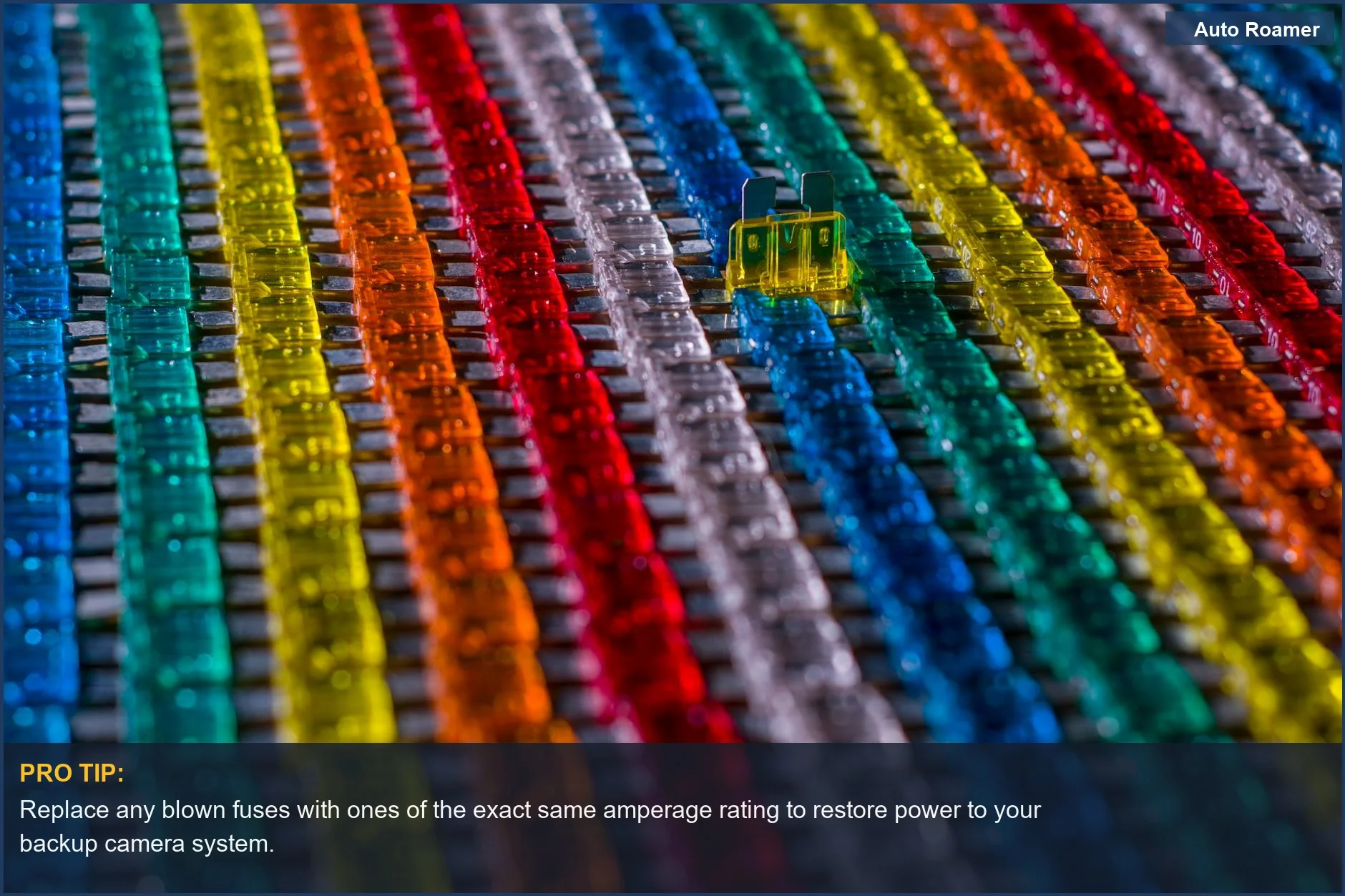 Vibrant automotive fuses arranged artfully, symbolizing the small but crucial components that can resolve a backup camera black screen problem.