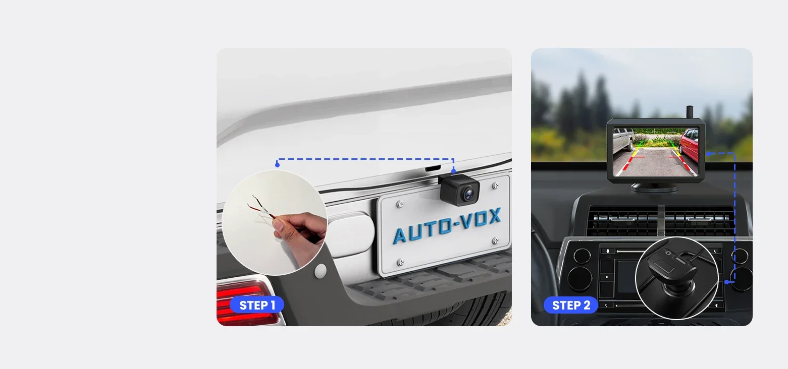 Backup camera guide lines shown on a dash monitor during a license-plate camera install