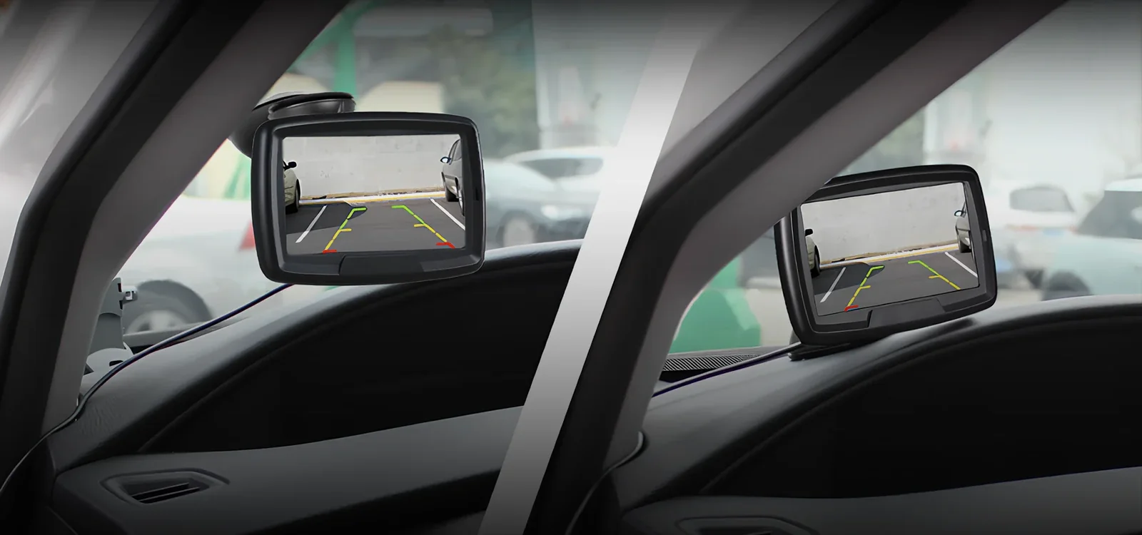 Two backup camera monitors displaying colored parking guide lines over a rear parking-lot view