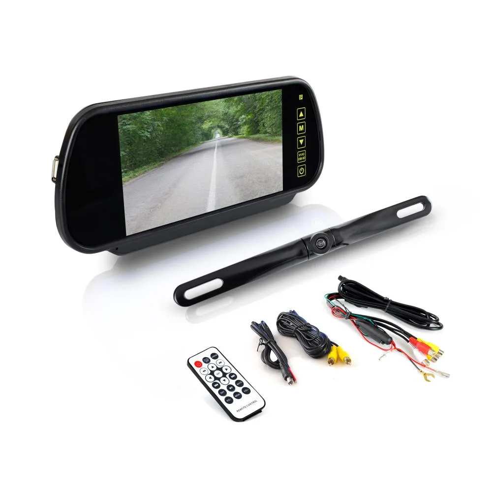 Pyle rear-view mirror monitor showing a road behind the car, laid out beside a license-plate backup camera, a remote, and the power and RCA wiring harness that make up a backup-camera install