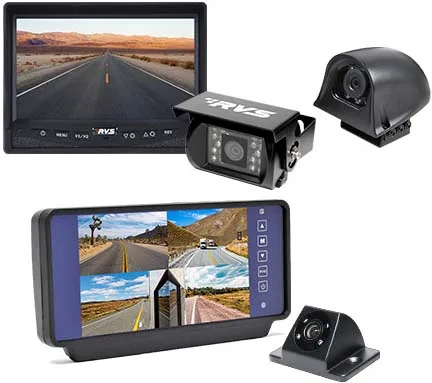 A backup-camera monitor displaying the live rear view of a road, shown with bullet and side cameras and a quad-view monitor, illustrating the camera-to-screen video path where live latency appears