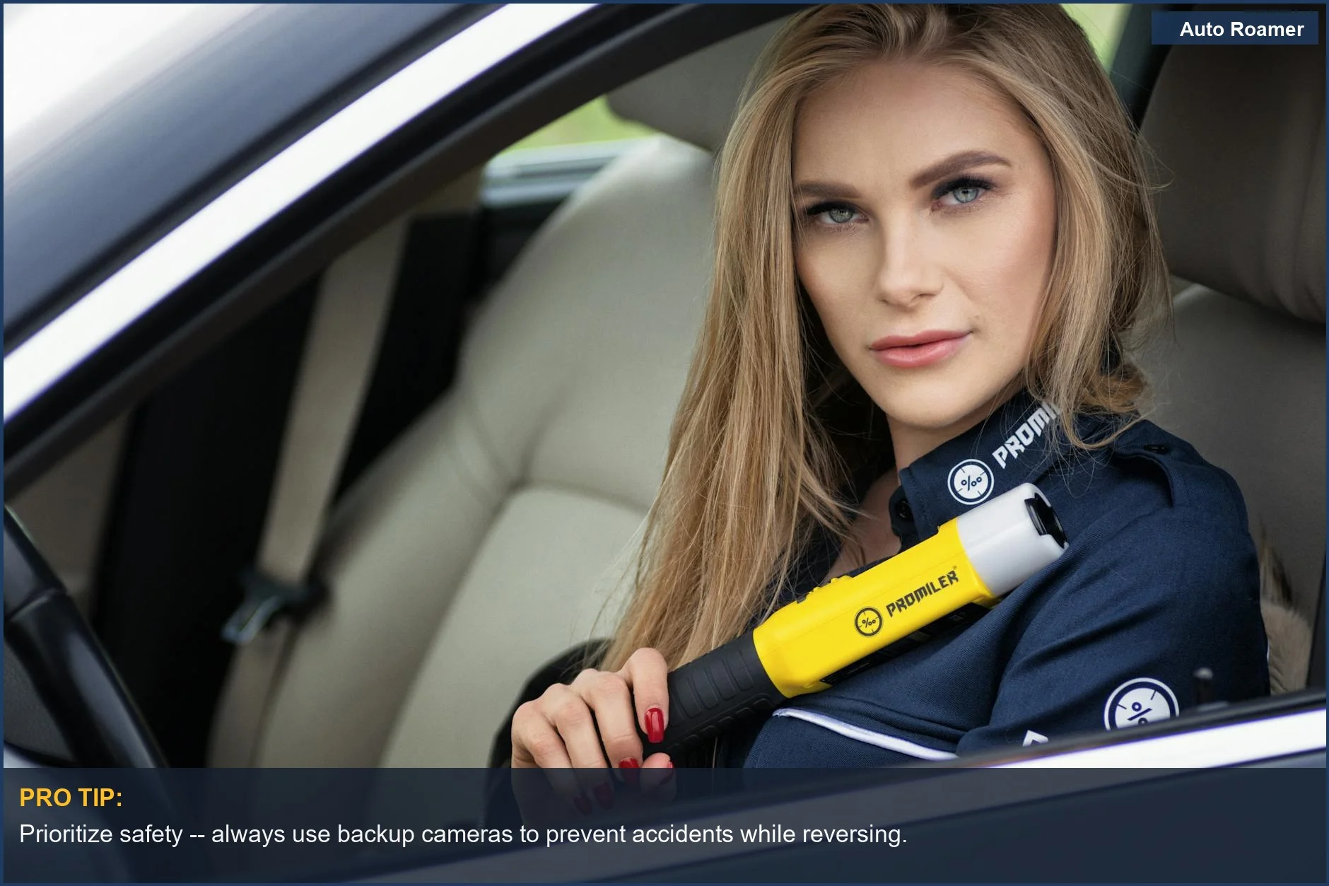 Woman in a car holding a breathalyzer, emphasizing road safety and responsibility in driving.
