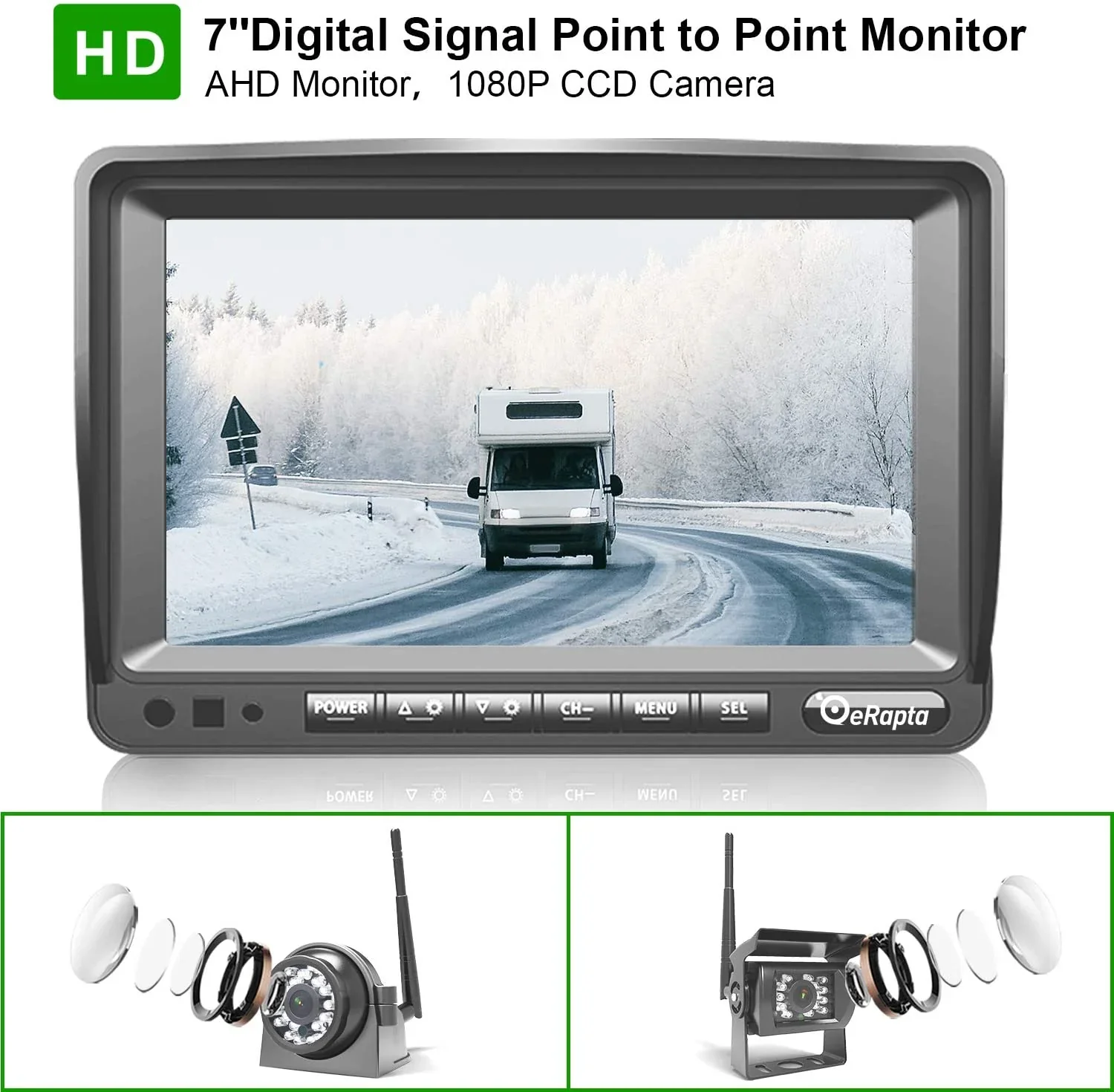 Backup camera monitor showing a snowy road with two infrared rear cameras