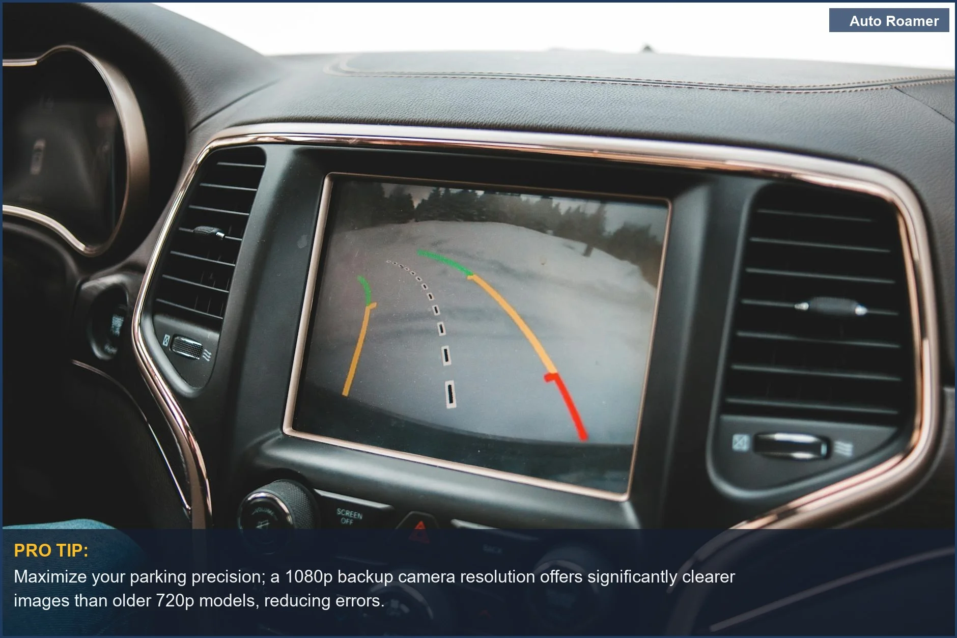 Close-up of a truck's dashboard displaying a clear rearview camera feed for parking.