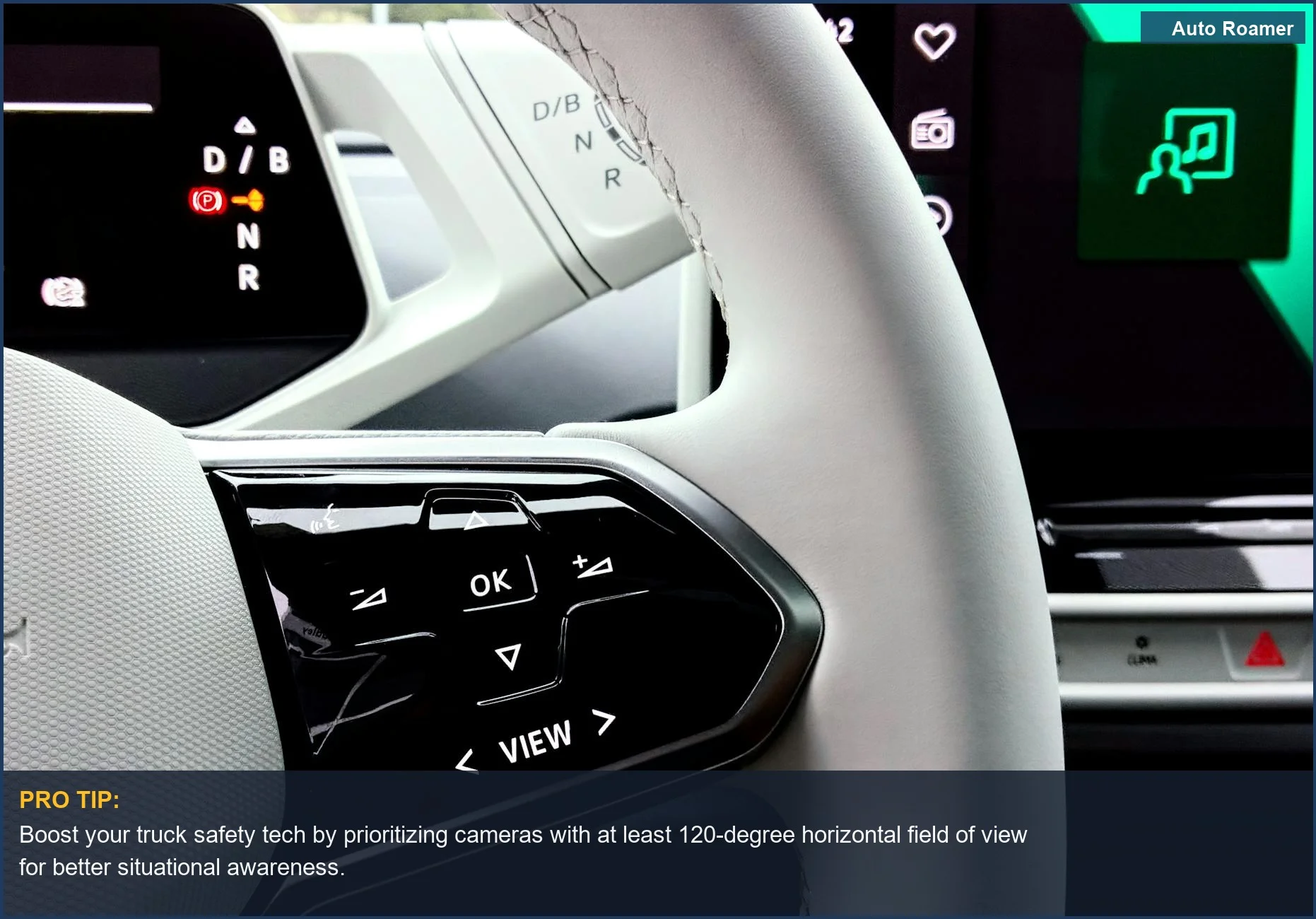 Modern truck steering wheel and dashboard technology, essential for understanding backup camera resolution.