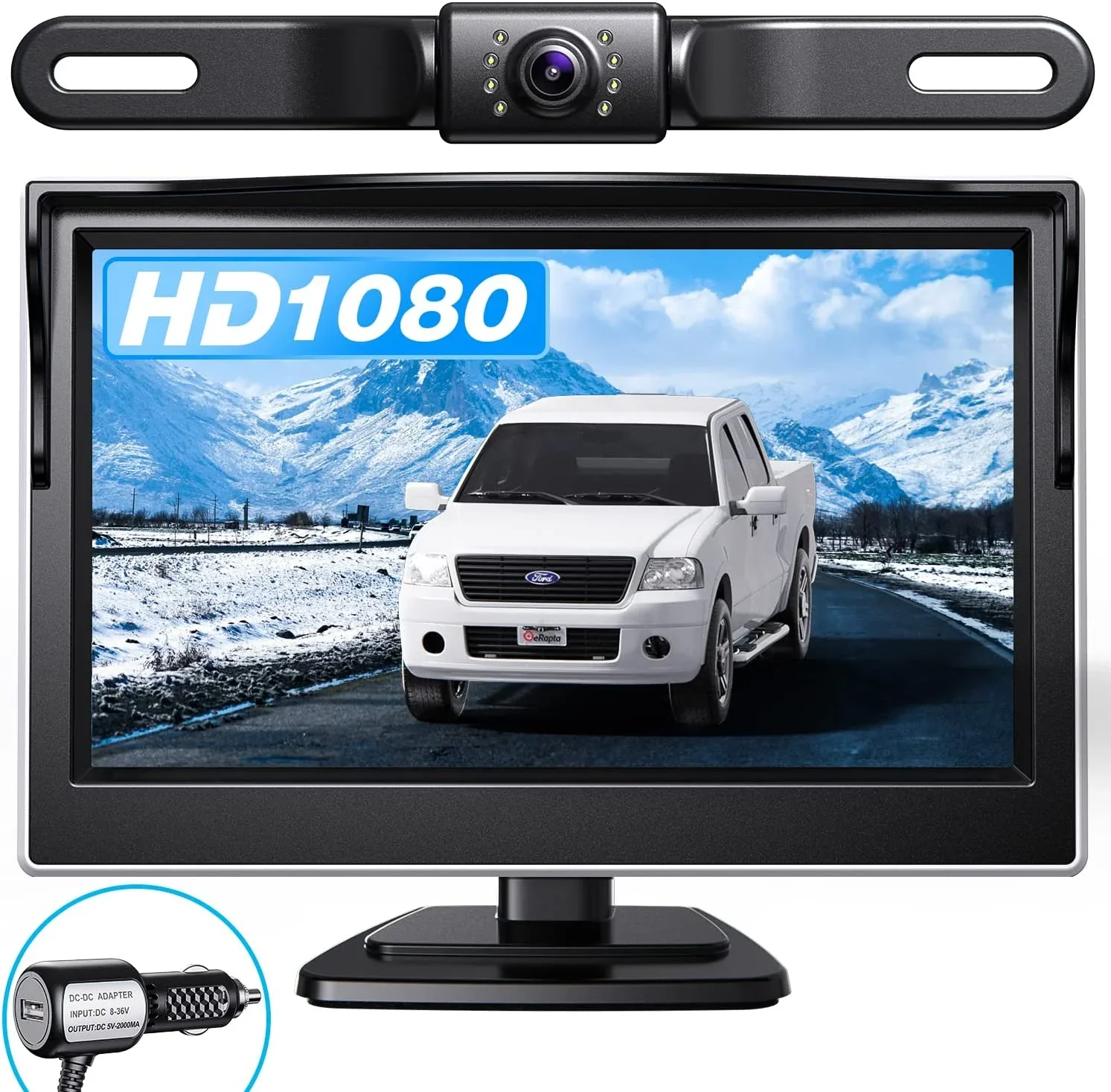 License-plate backup camera with night-vision LEDs shown above its monitor