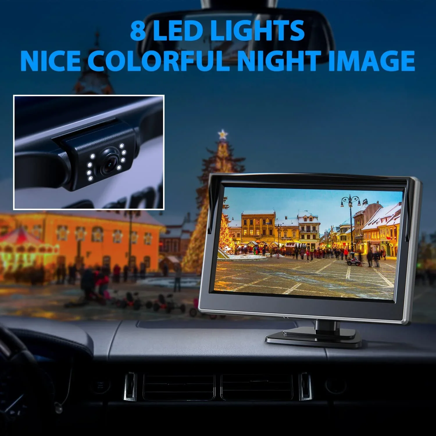 Backup camera monitor showing a colorful night scene lit by the camera LED lights