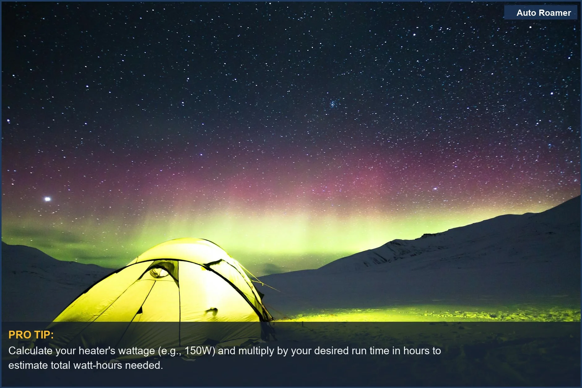 Captivating aurora borealis over a snowy tent, illustrating the need for sufficient car camping battery capacity for portable heaters.