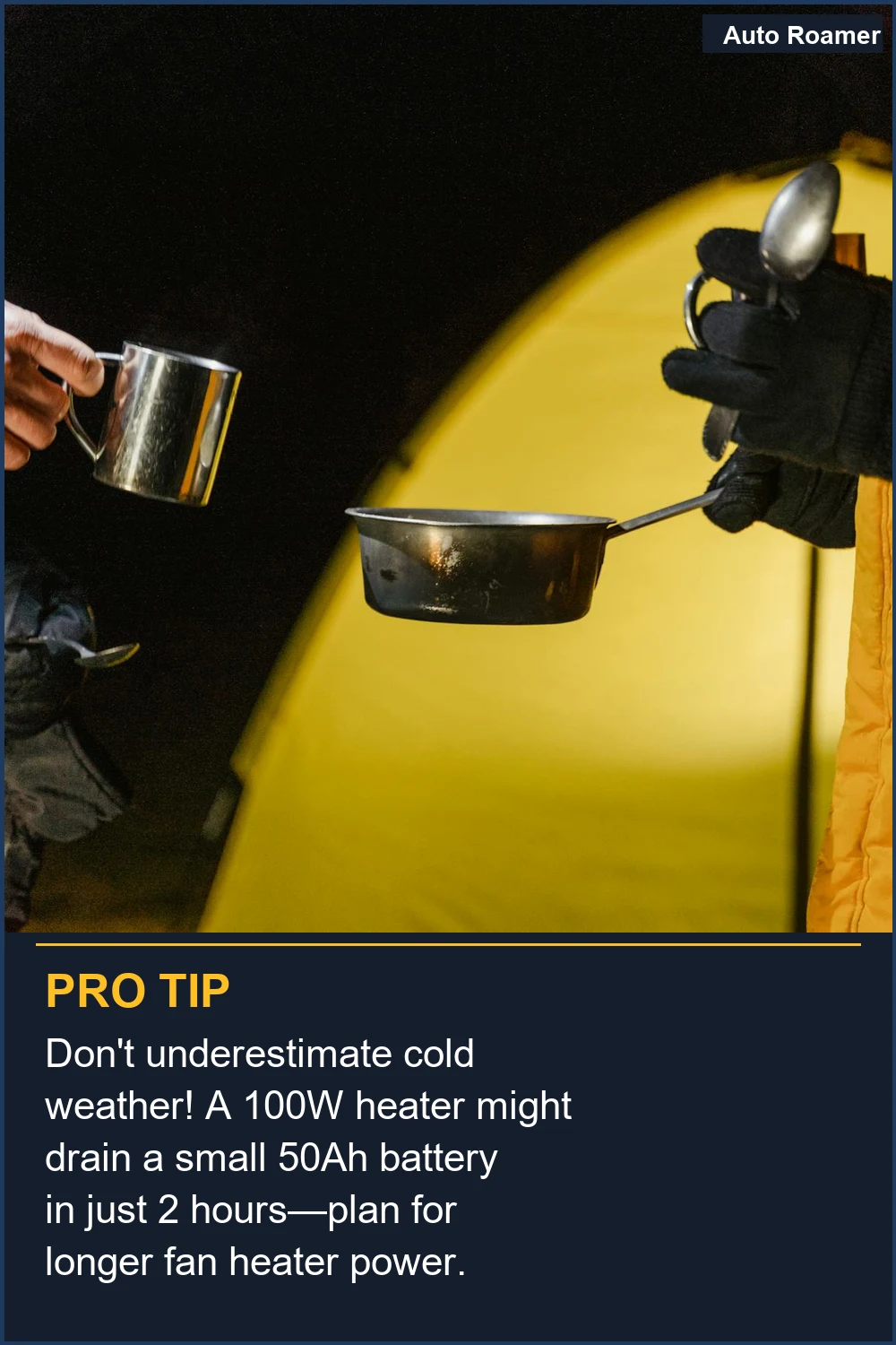 Don't underestimate cold weather! A 100W heater might drain a small 50Ah battery in just 2 hours--plan for longer fan heater power.