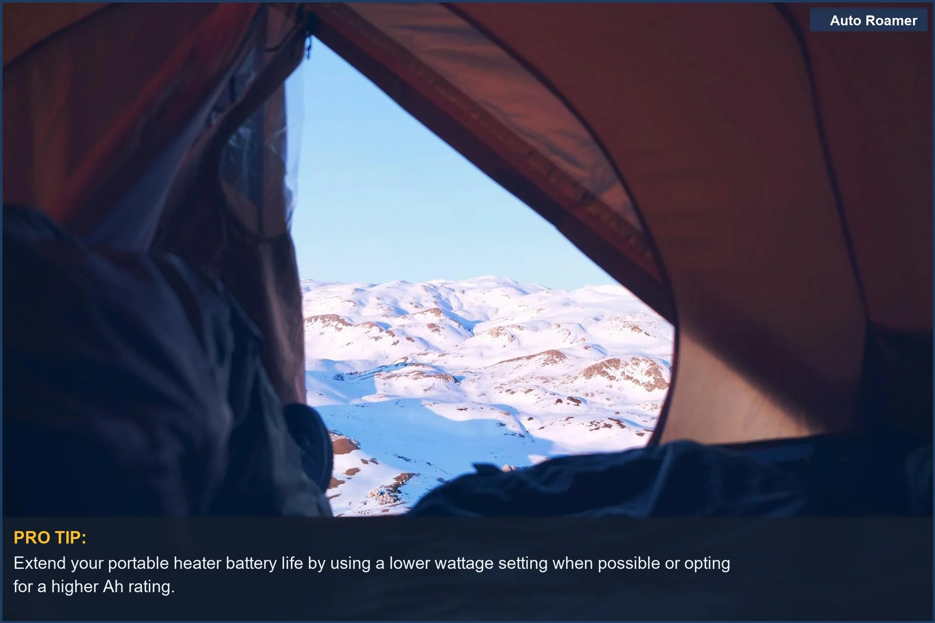 Cozy tent interior with snow-covered mountains view, emphasizing the role of portable heater battery life for extended comfort.