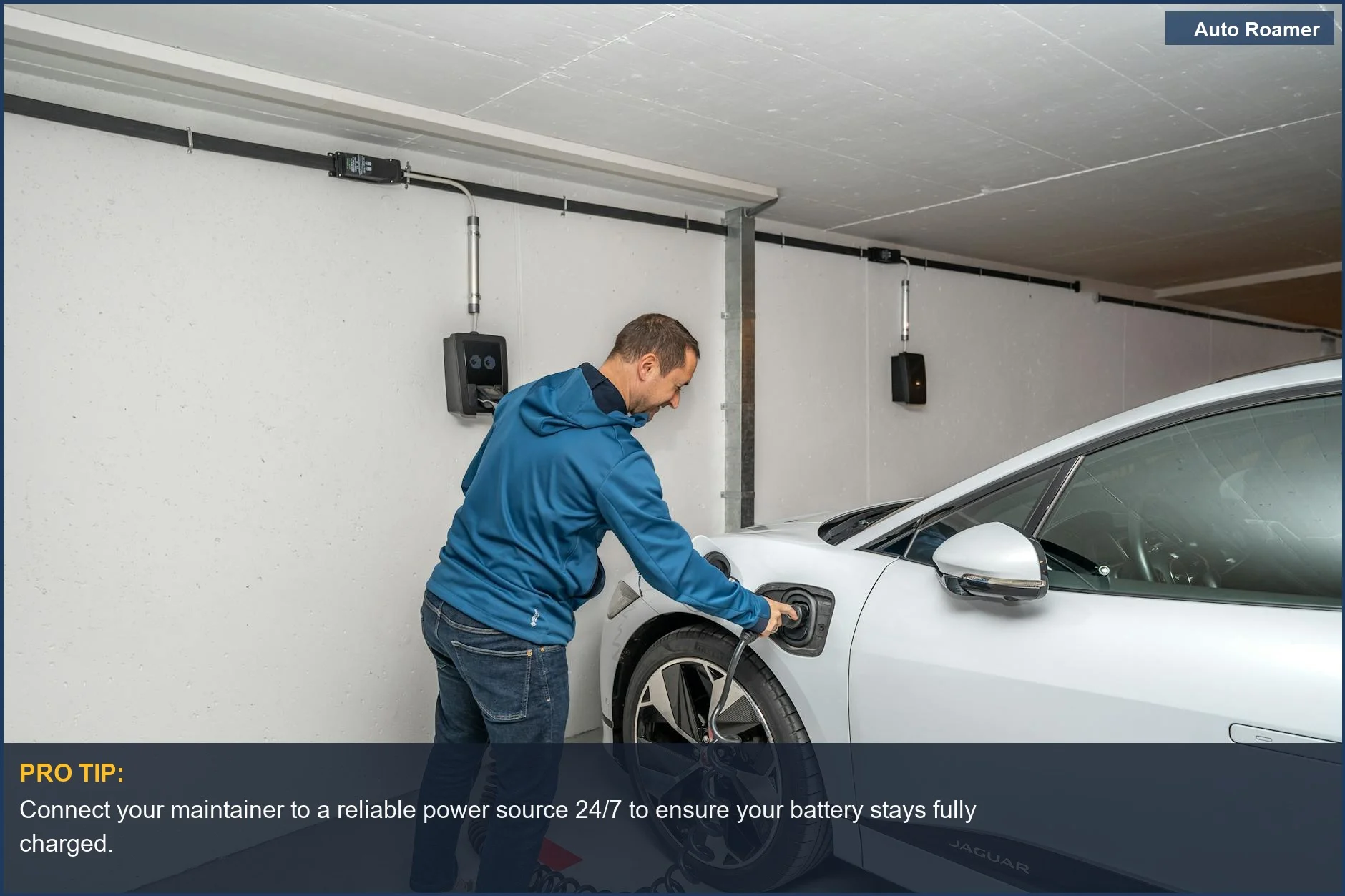 Smart battery charger maintainer technology keeping a car battery topped off for car camping power.