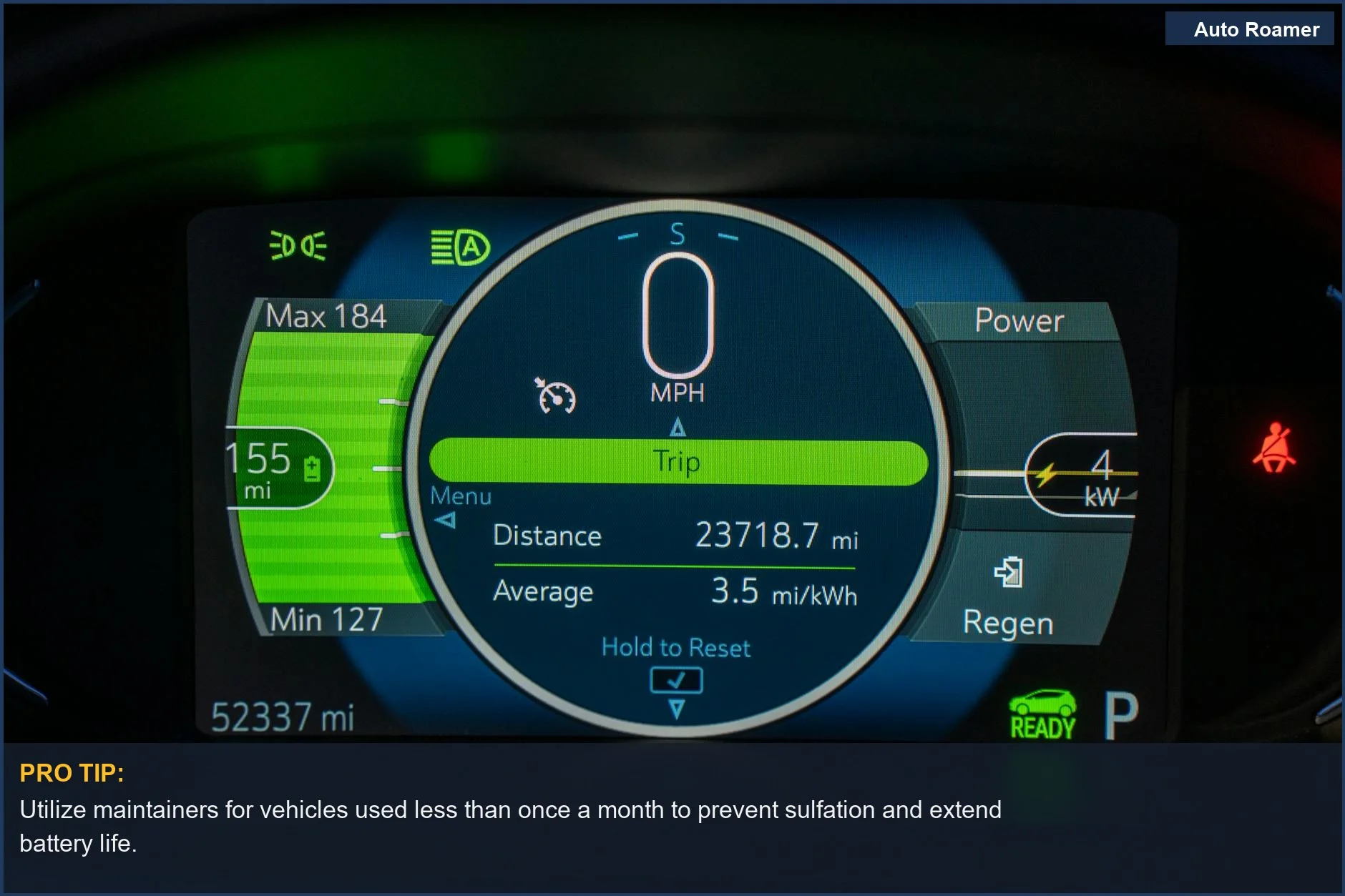 EV dashboard displaying battery range and power metrics, useful for understanding battery charger features.